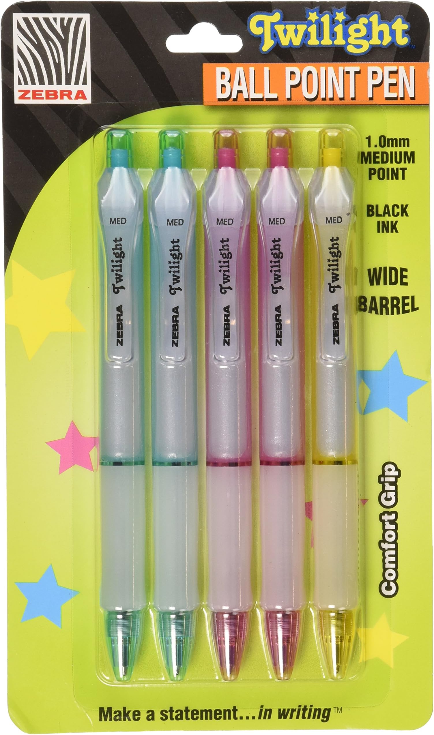 Zebra, Twilight Retractable Ballpoint Pen, 1.0mm, Assorted Barrel, Black Ink, 5 Pack (26205)