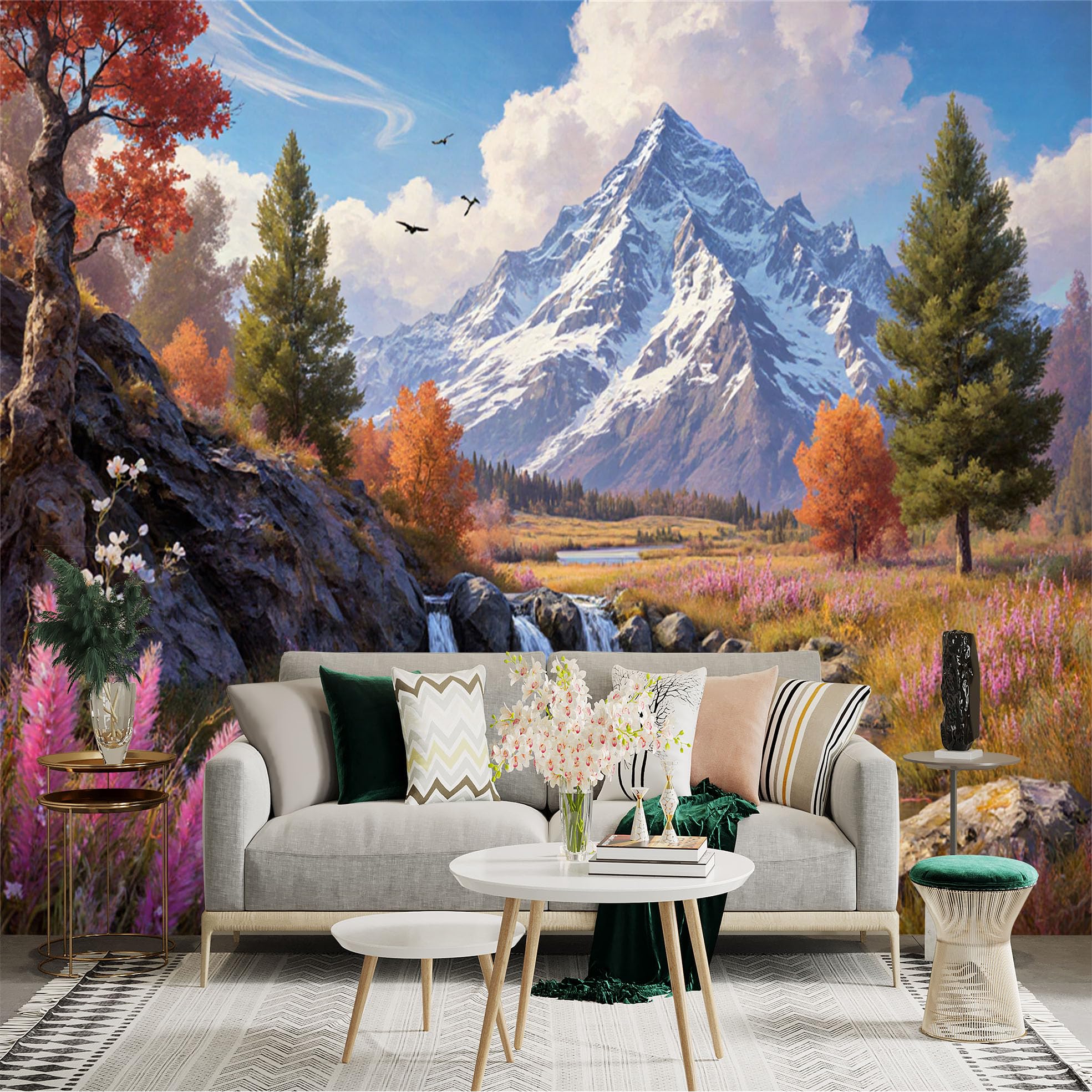 Custom Size Wall Sticker Mural， Snow Capped Mountain， Autumn Forest， Tranquil Stream， Floral Riverbank， Natural Scenery， for wall Decoration， peelandstick wall Decals.