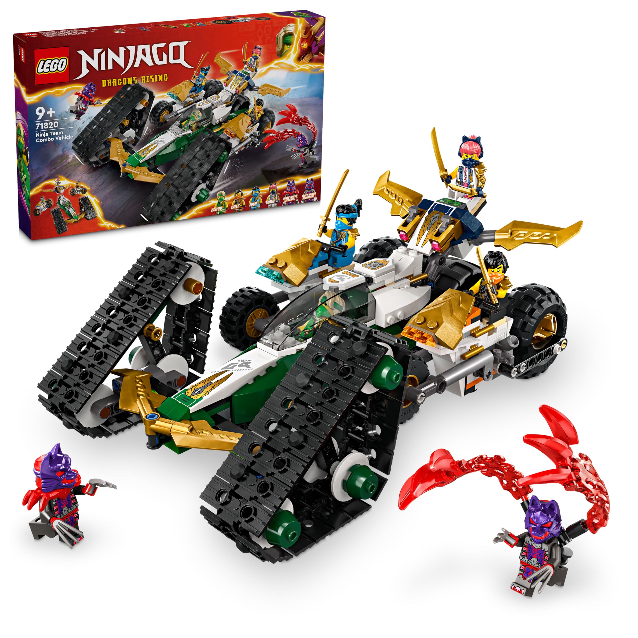 LEGO NINJAGO Cingolato del Team Ninja, Veicolo Giocattolo 4 in 1 con 2 Moto, Aliante e Macchina Fuoristrada da Costruire, Giochi d'Avventura per Bambini e Bambine da 9 Anni con 6 Minifigure 71820