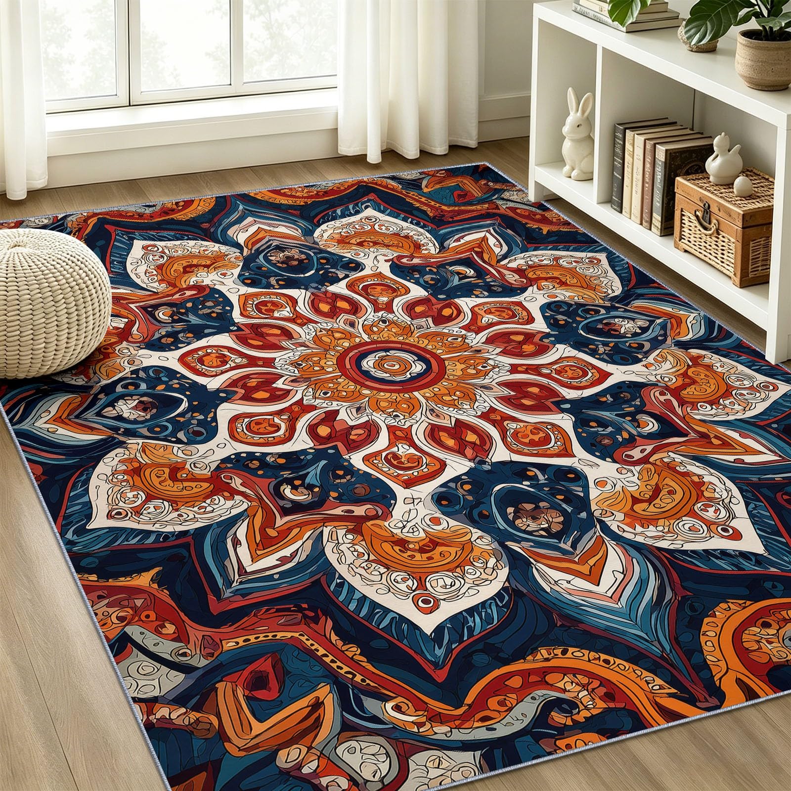 Tapis Doux Ethnique Bohème 180x240 cm, Bleu Marine Foncé Tapis Salon Chambre Cuisine Salle à Manger Bureau Salle de Bain, Géométrique Fleurs Mandala Lavable Doux Poils Courts Antidérapant Rug