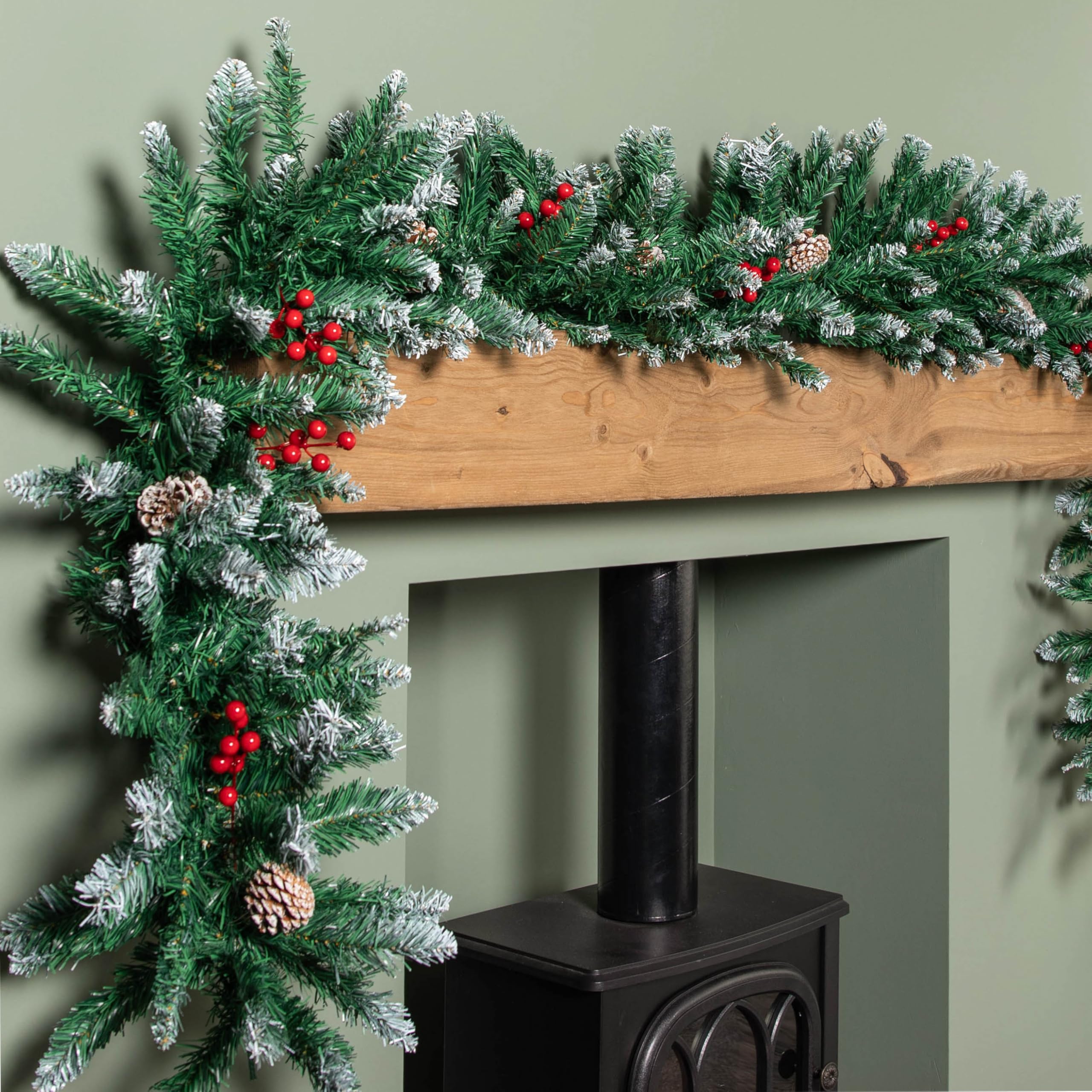 Samuel ALEXANDER 2.7m Snow Tipped Christmas Garland with Red Berries, Cones & Bullet Tips