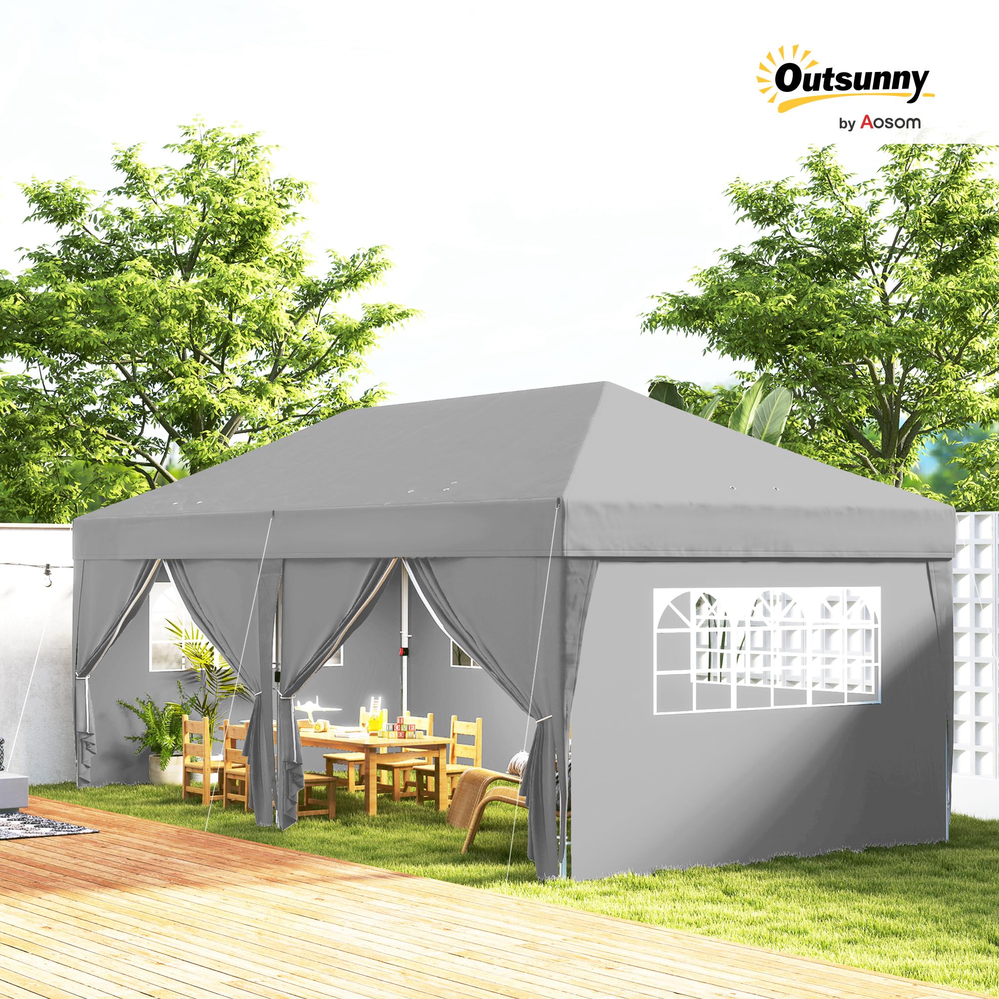 Outsunny Tonnelle de Jardin Exterieur tonnelle Pliante 3 x 6 m Pop-up avec 6 parois latérales, Trous de Drainage, Sac de Transport Inclus, Barnum Pliant pour Camping Festival Mariage, Gris