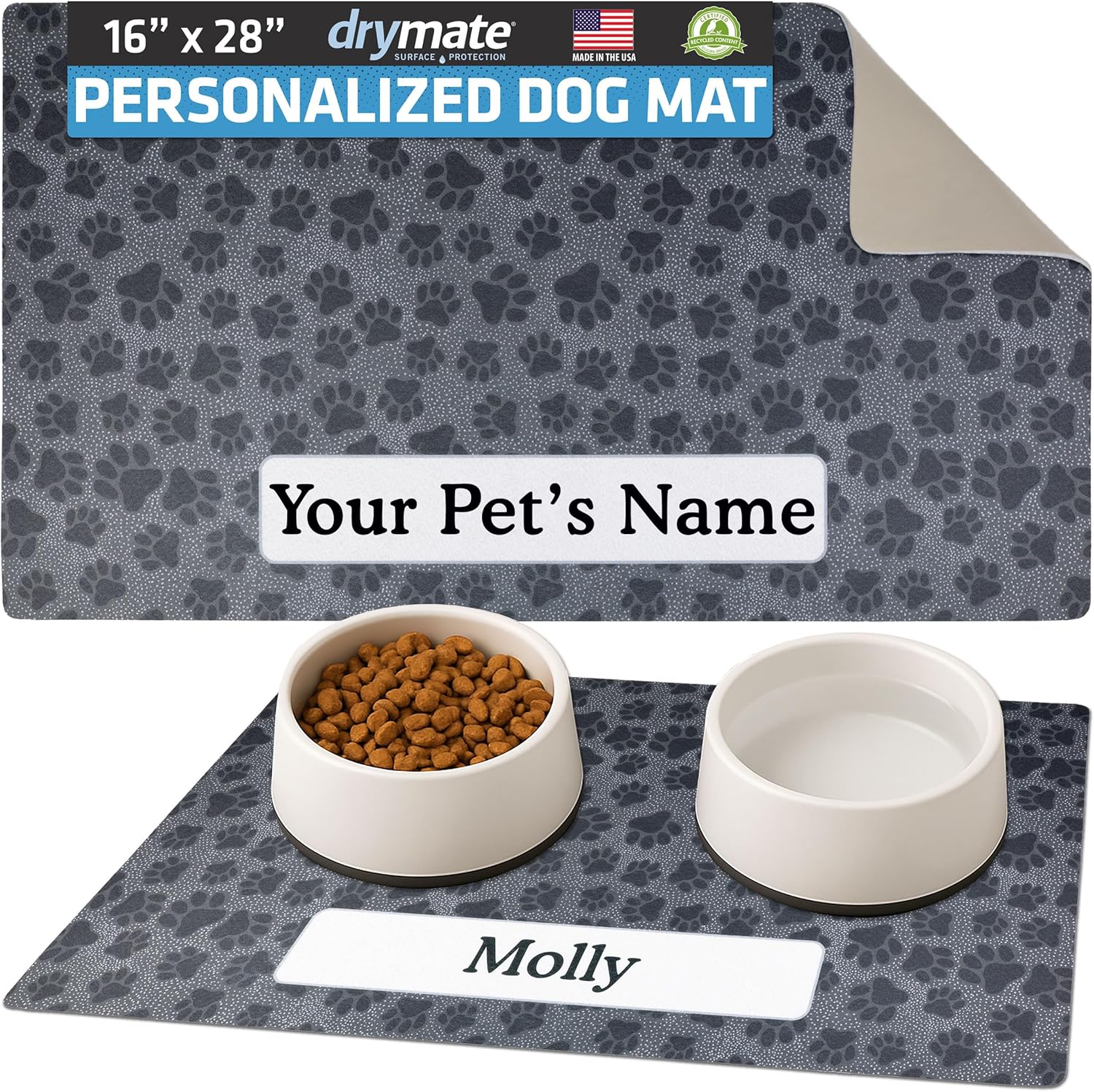 Drymate Personalized Pet Bowl Placemat, Custom Dog & Cat Food Feeding Mat - Absorbent Fabric, Waterproof Backing - Machine Washable/Durable (USA Made) (16" x 28") (Paw Dots Black)