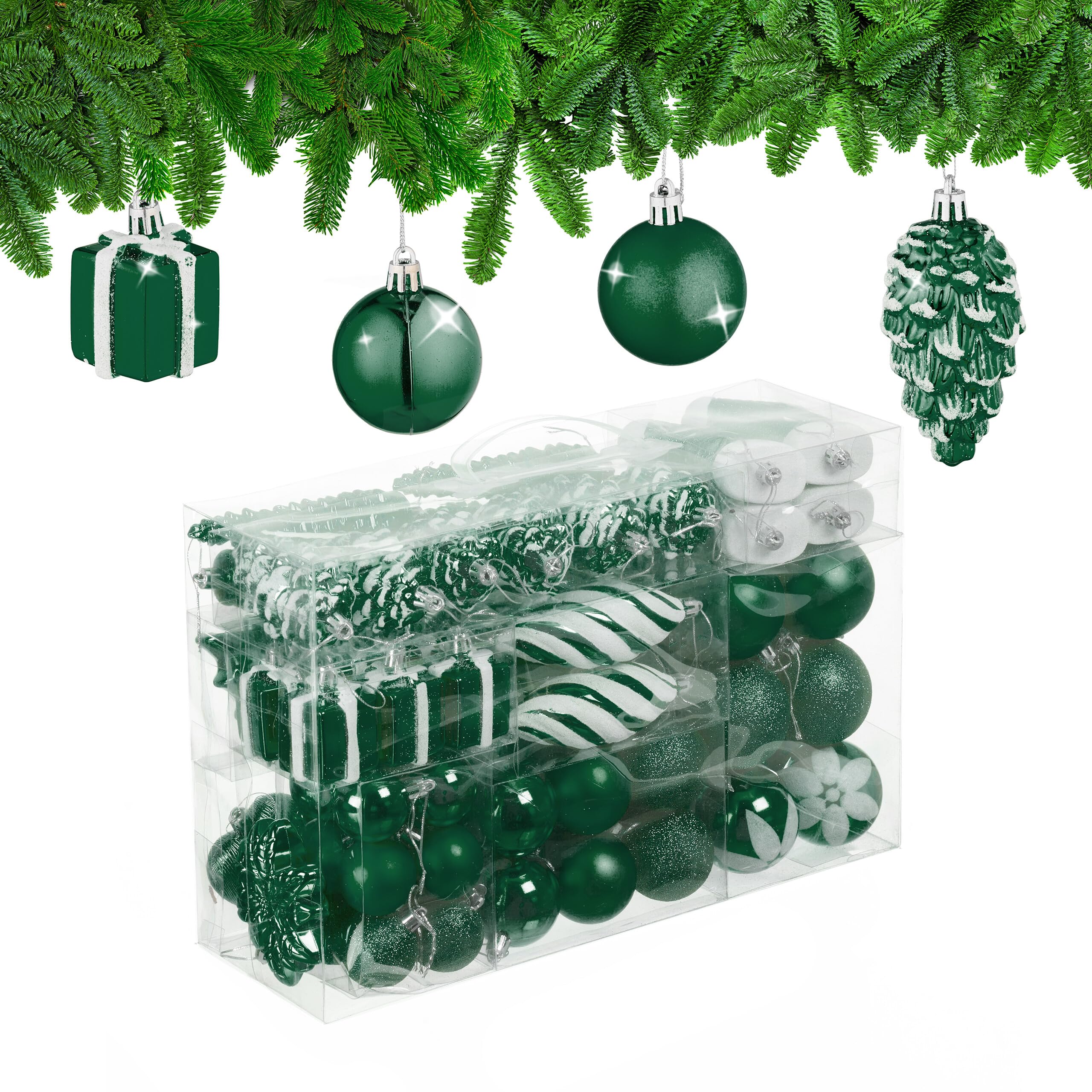 Relaxdays Boules de Noël, Lot de 72, en Plastique, Ornements de Sapin, cœurs, Bottes, Pommes de pin, Vertes