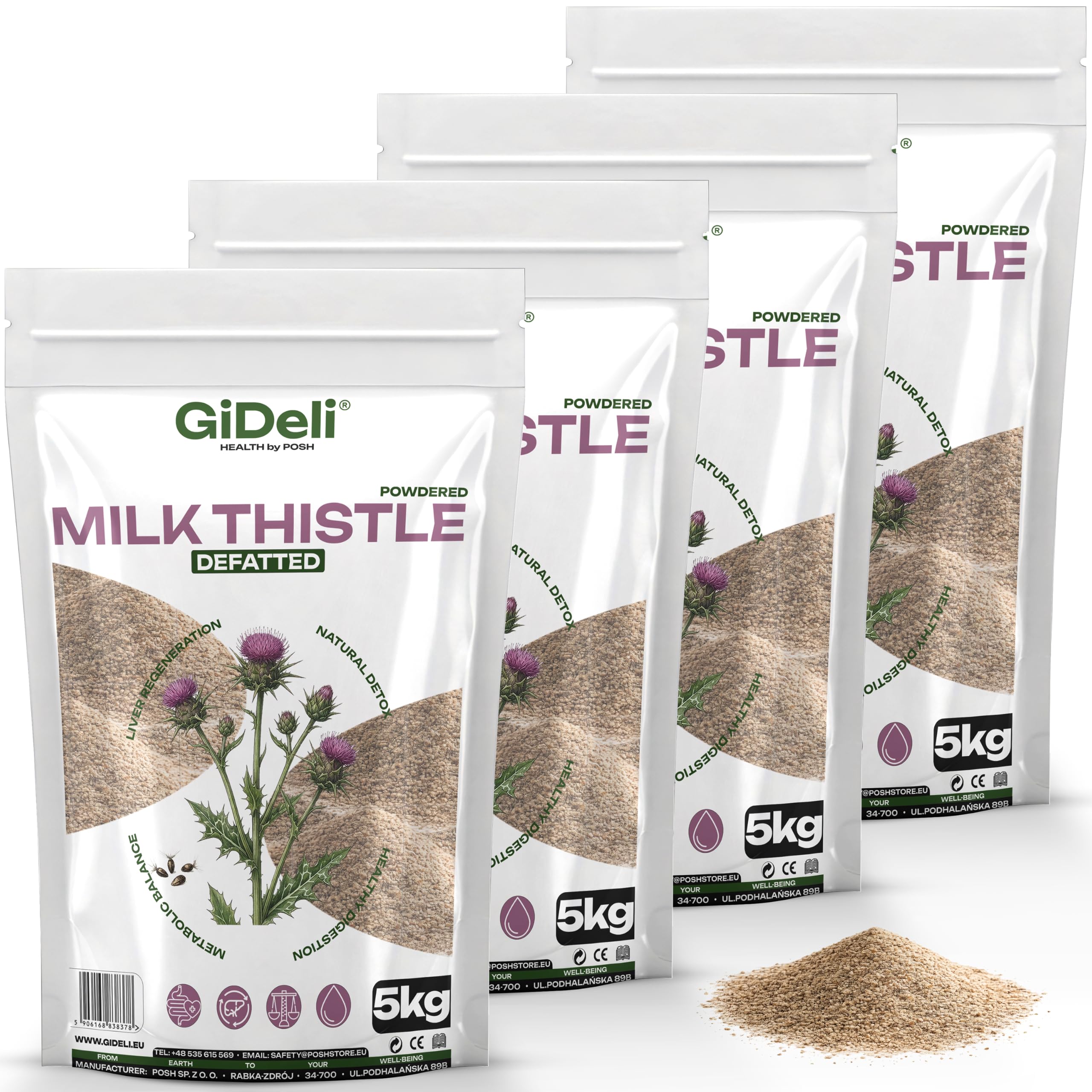 GiDeli Cardo mariano molido 4 x 5 kg – 100% polvo puro sin aditivos para la dieta diaria – Contenido natural de silimarina – Ideal para yogur, cereales, batidos y ensaladas – Origen mediterráneo