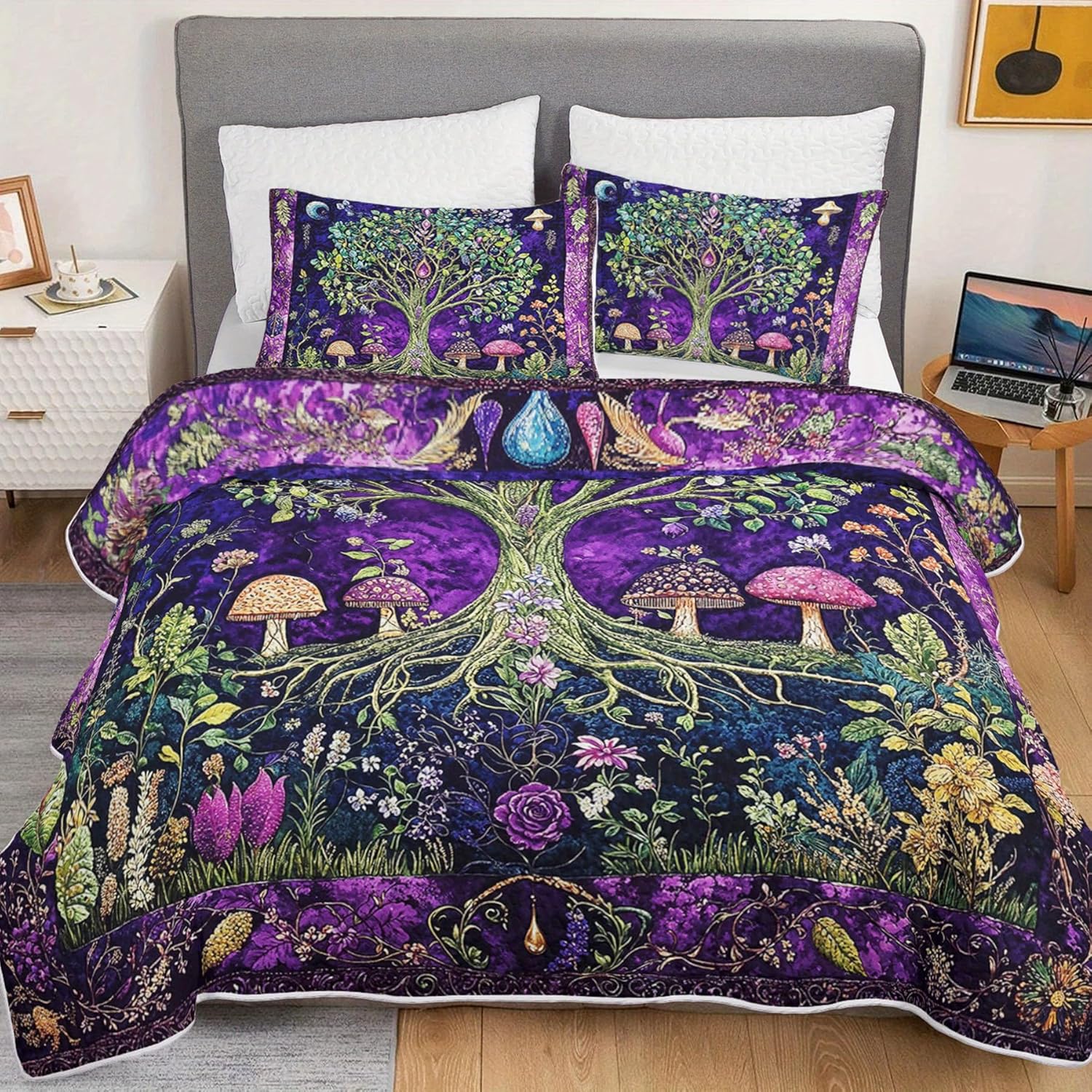 Bohemian Tree of Life Mushroom Quilt Bedding Set King Size for Girls and Kids,Green Tree Bed Cover King Size for Boys,Purple Floral Bedspread Sets Bedding Mystic Forest Bedroom Decor