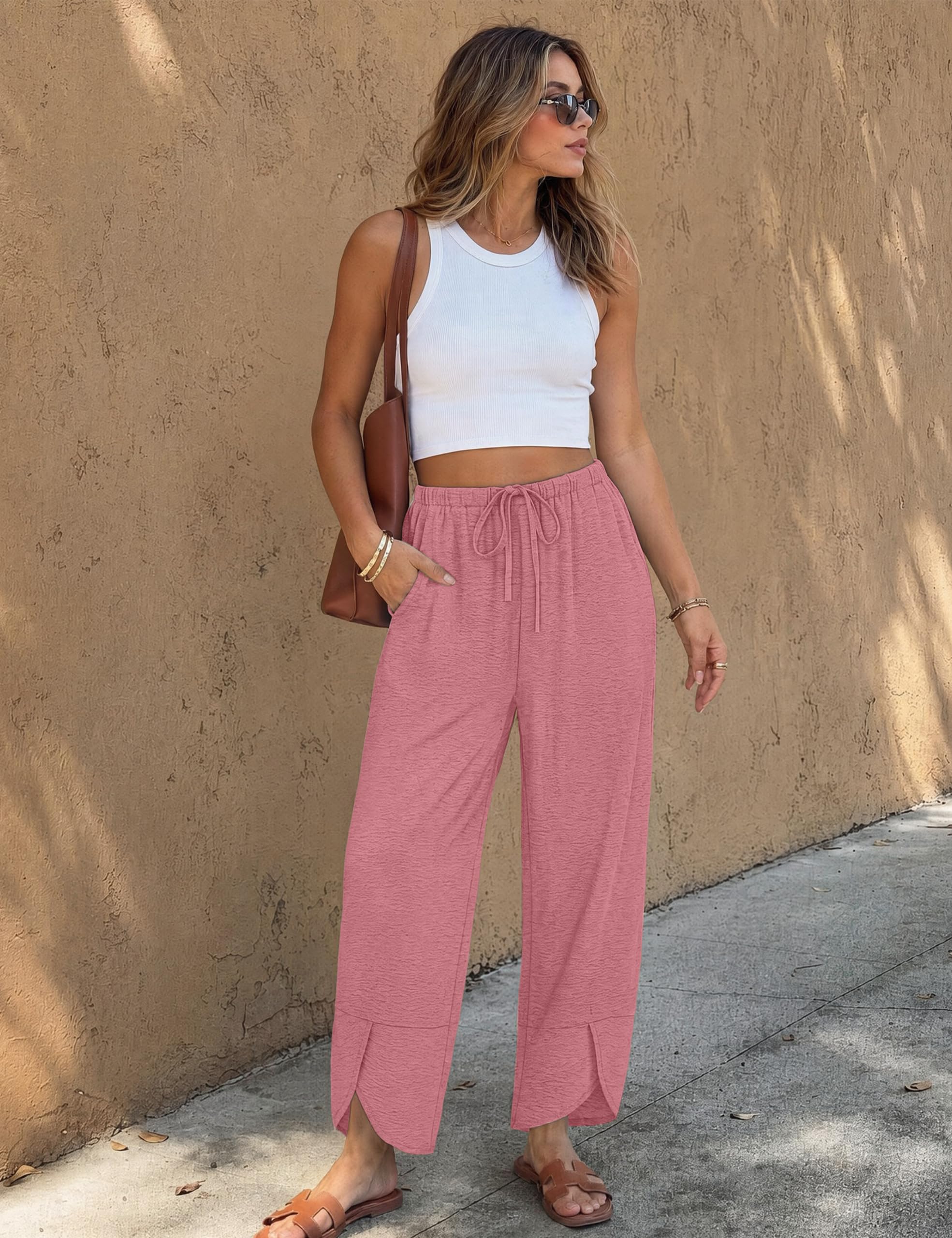 Desol Pantalon d'été léger pour femme avec jambes larges, culotte 3/4, pantalon palazzo, tenue décontractée, tenue de vacances