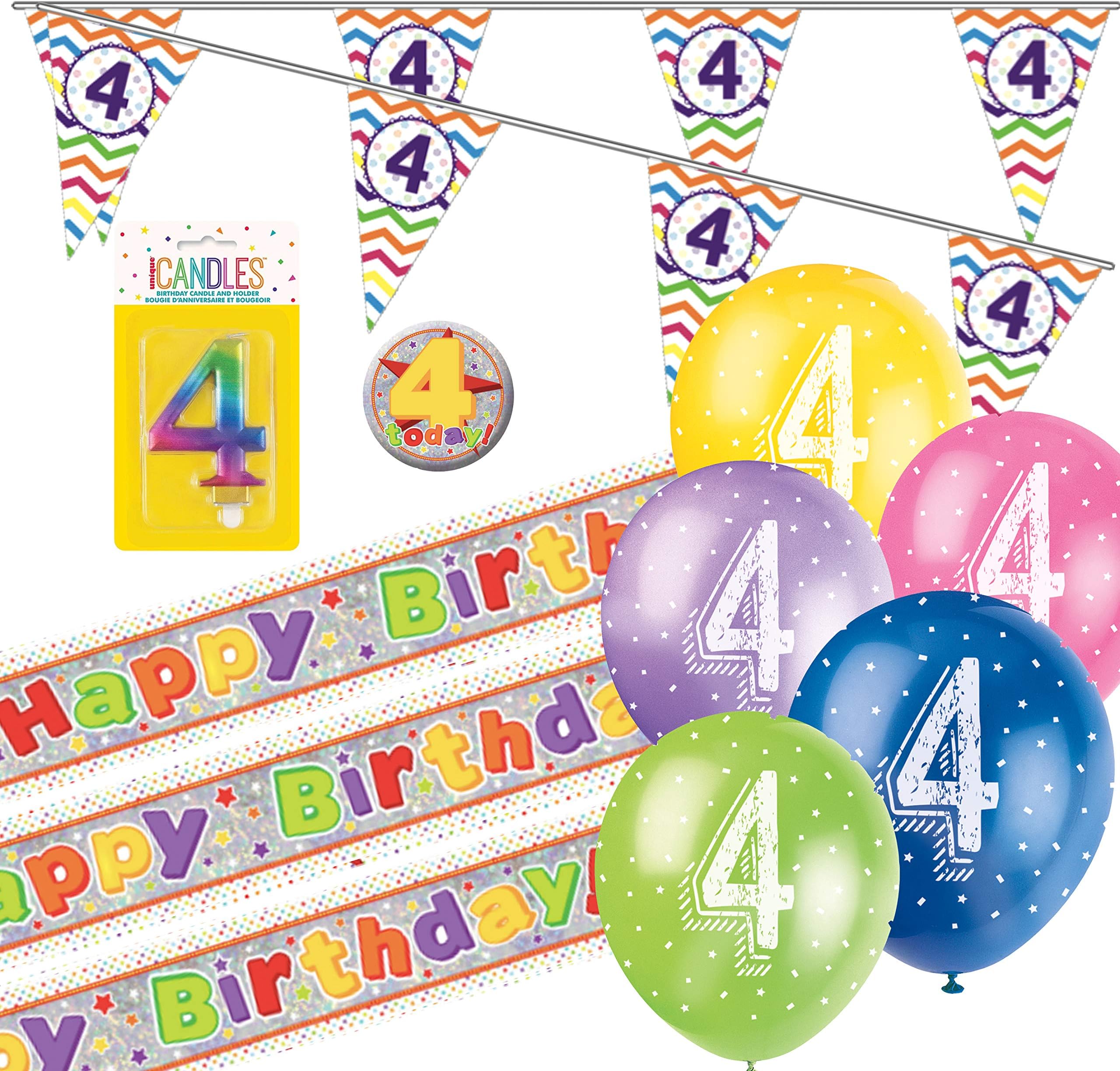 CheerstoYears 4th Birthday Kit: 4th Birthday Bunting, Banners, Balloons, Candle, Badge