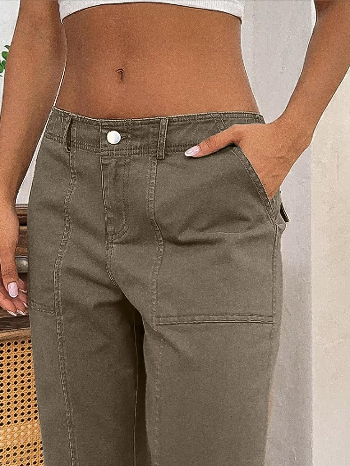 Flamingals Women’s Mid Waist Crop Pants Carrot Straight Leg Casual Fashion Trendy Stitch Detail Pants