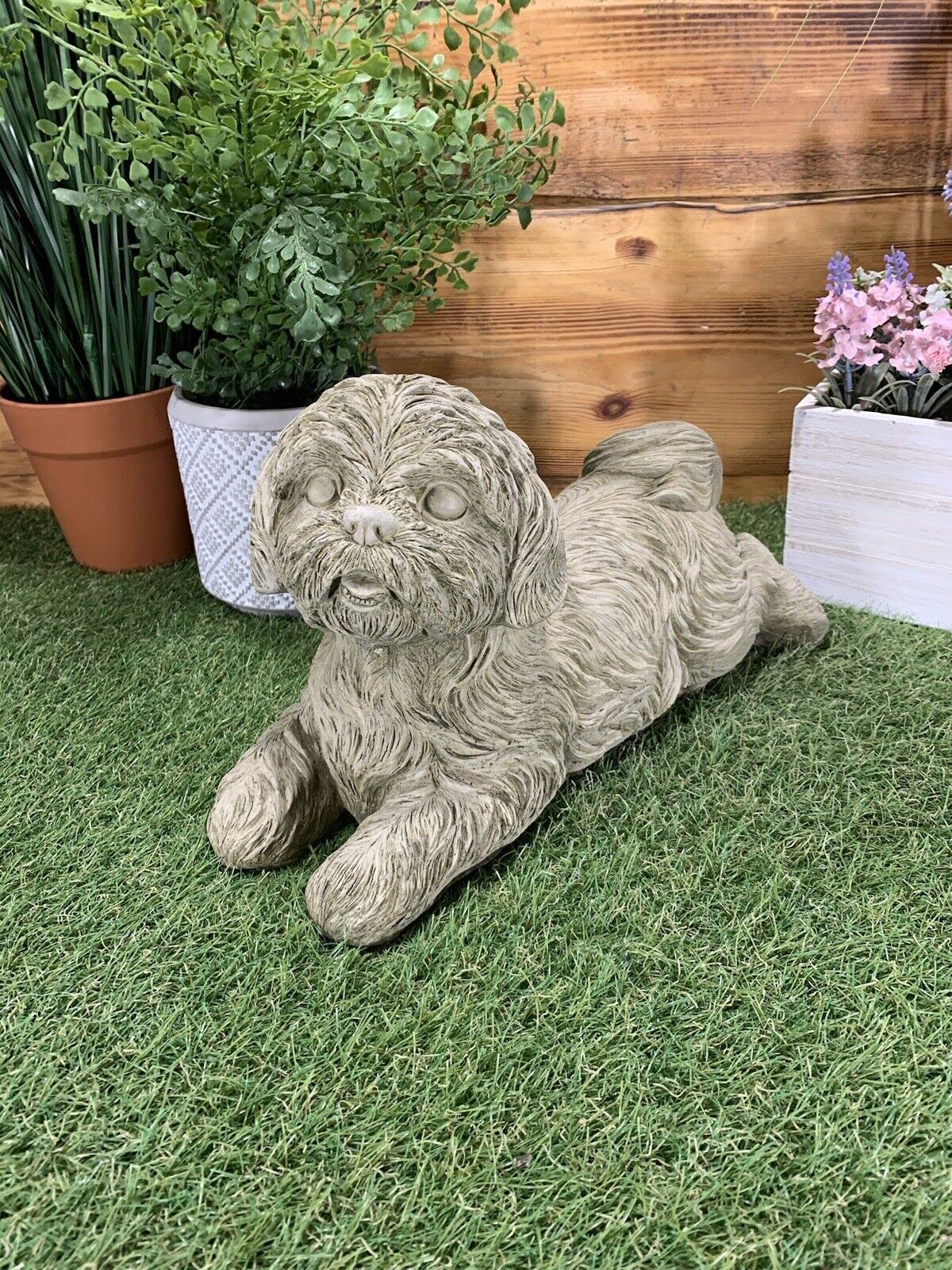 J And L Stone Ornaments Grey Stone Garden Detailed Happy Laying Shih Tzu Dog Gift Statue Ornament