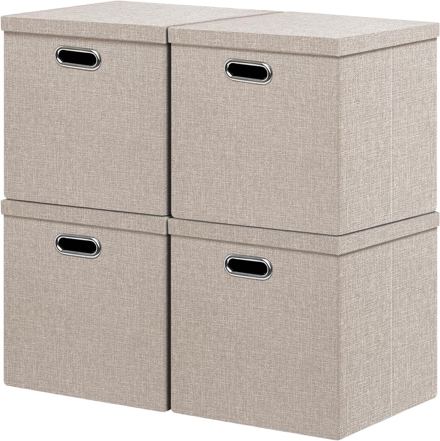 Linen Storage Bins with Lids,13 x 13 Inch Foldable Fabric Cube Baskets Boxes Organizer for Closet, Shelves, and Home. (Beige, (13x13) 4 pack)