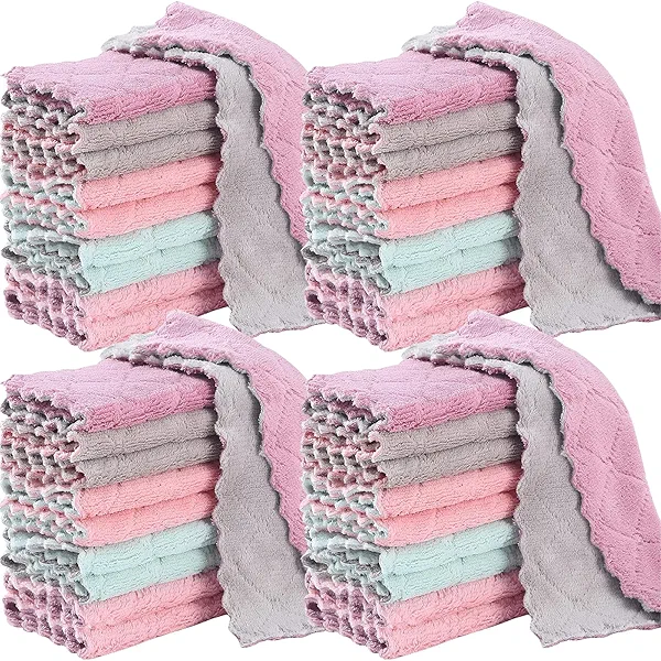 32 Pack Kitchen Dish Cloths Dish Towels, Super Soft and Absorbent Coral Fleece Cloth, Coral Velvet Microfiber Cleaning Cloth, Nonstick Oil Washable Fast Drying Dish Rags for Clean Table, Dish, Glass.
