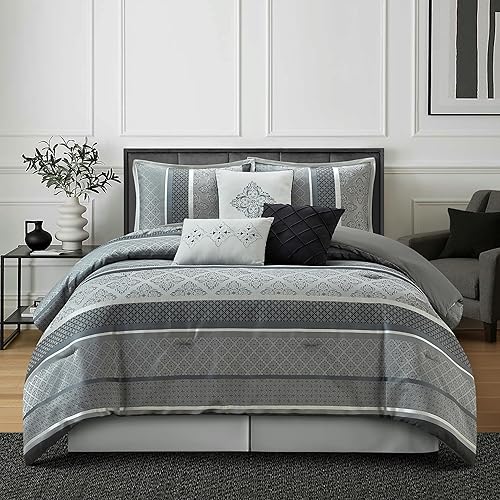 Miniatura 1 de Grand Avenue Juego de edredón geométrico gris tamaño King, juego de ropa de cama jacquard de 7 piezas, ultra suave, fundas a juego, falda de cama,