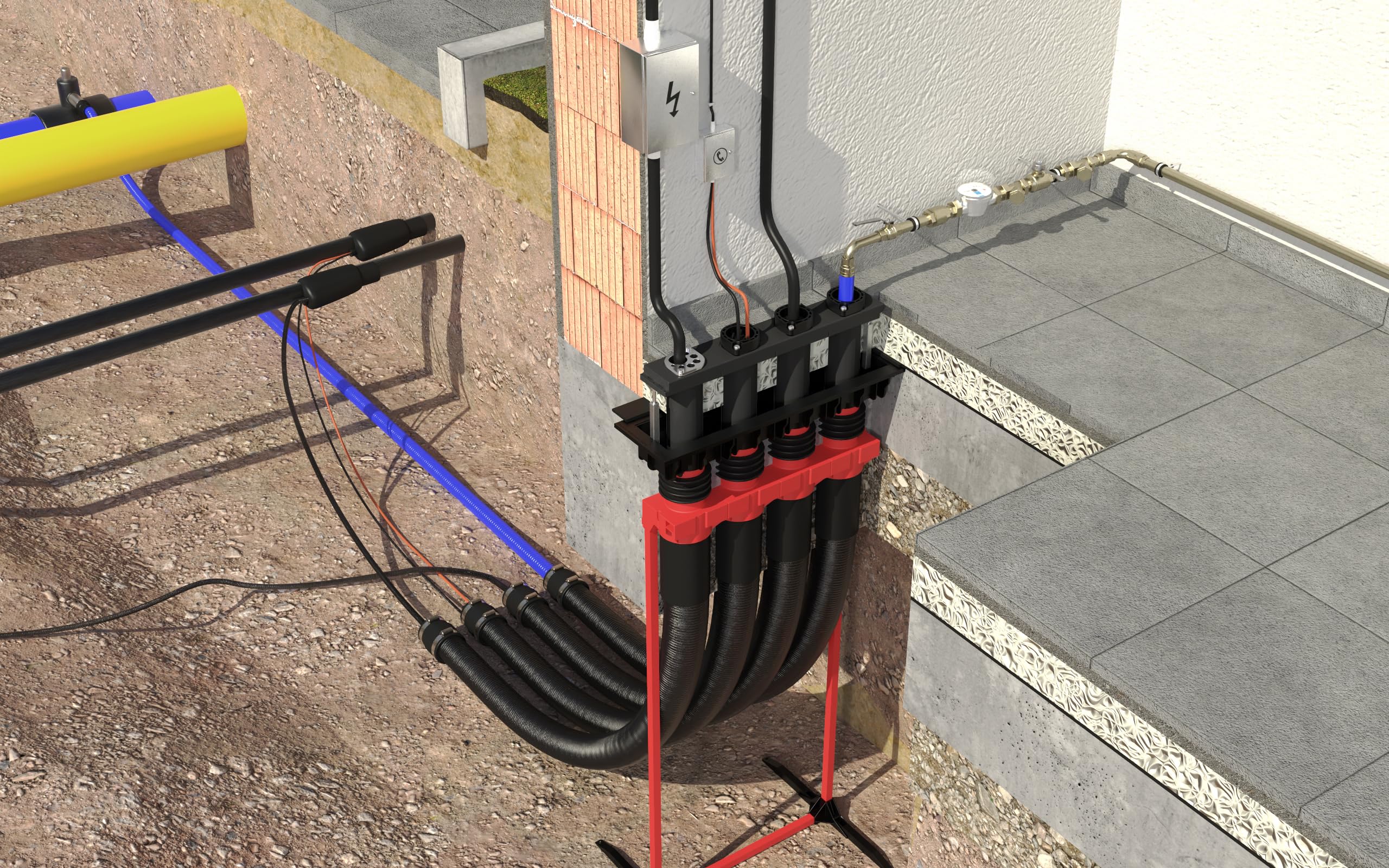 KRASO KBKPBOX32SWST zestaw komfortu, podłoga, pudełko, 4-drożne wprowadzenie do domu do przewodów zasilających: woda, prąd, telekomunikacja, do budynków bez piwnicy, KBKPBOX32SWST