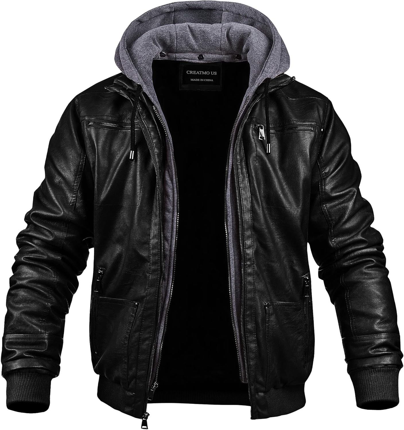 CREATMO US Men's Faux Leather Jacket Motorcycle Jacket Waterproof Windproof PU Moto Vintage Bomber Hoodie with Removable Hood - Image 2