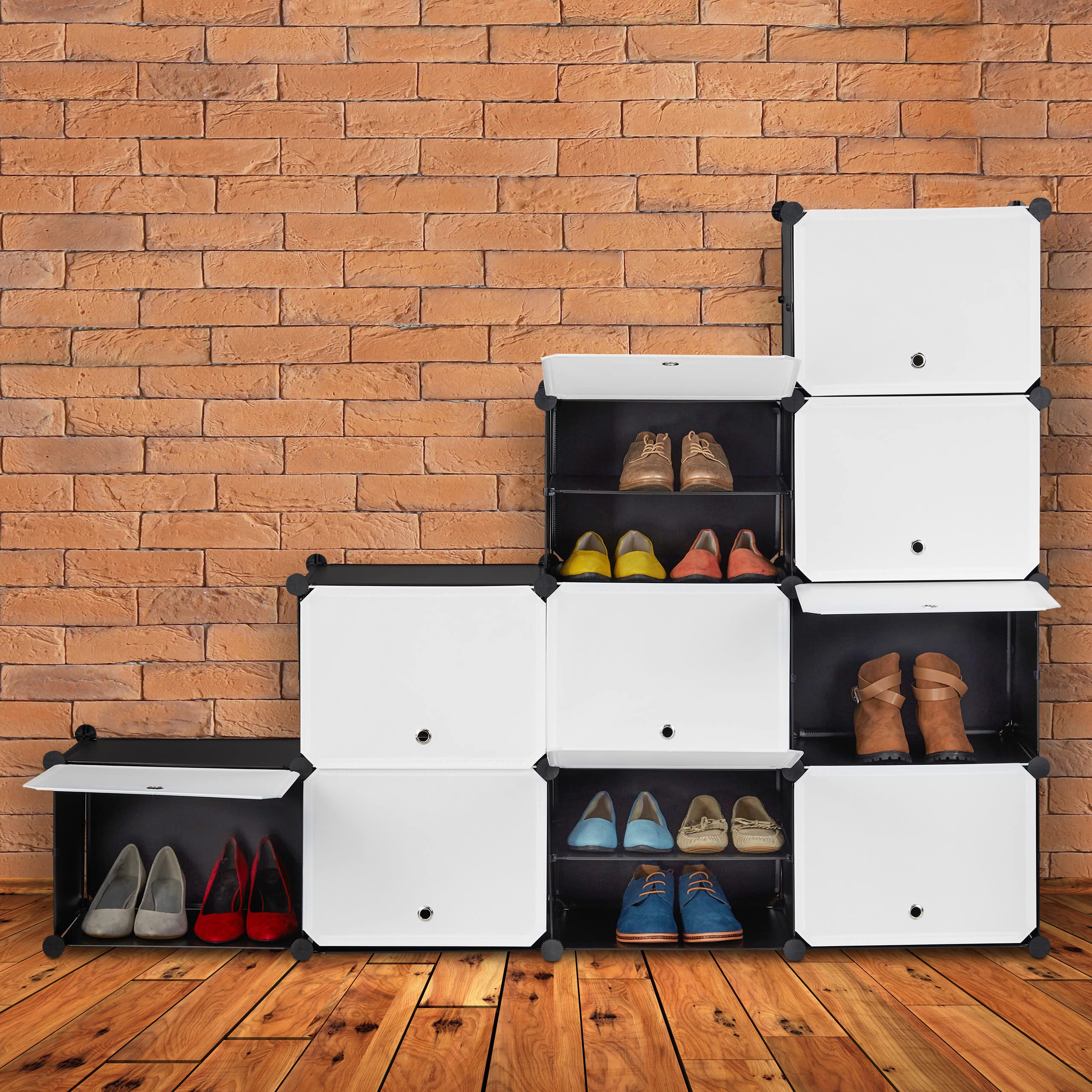 Relaxdays Scarpiera in Plastica, 24 Scomparti Chiusi con Ante, Scaffale Porta Scarpe, HxLxP: 125x125x32 cm, Bianco/Nero