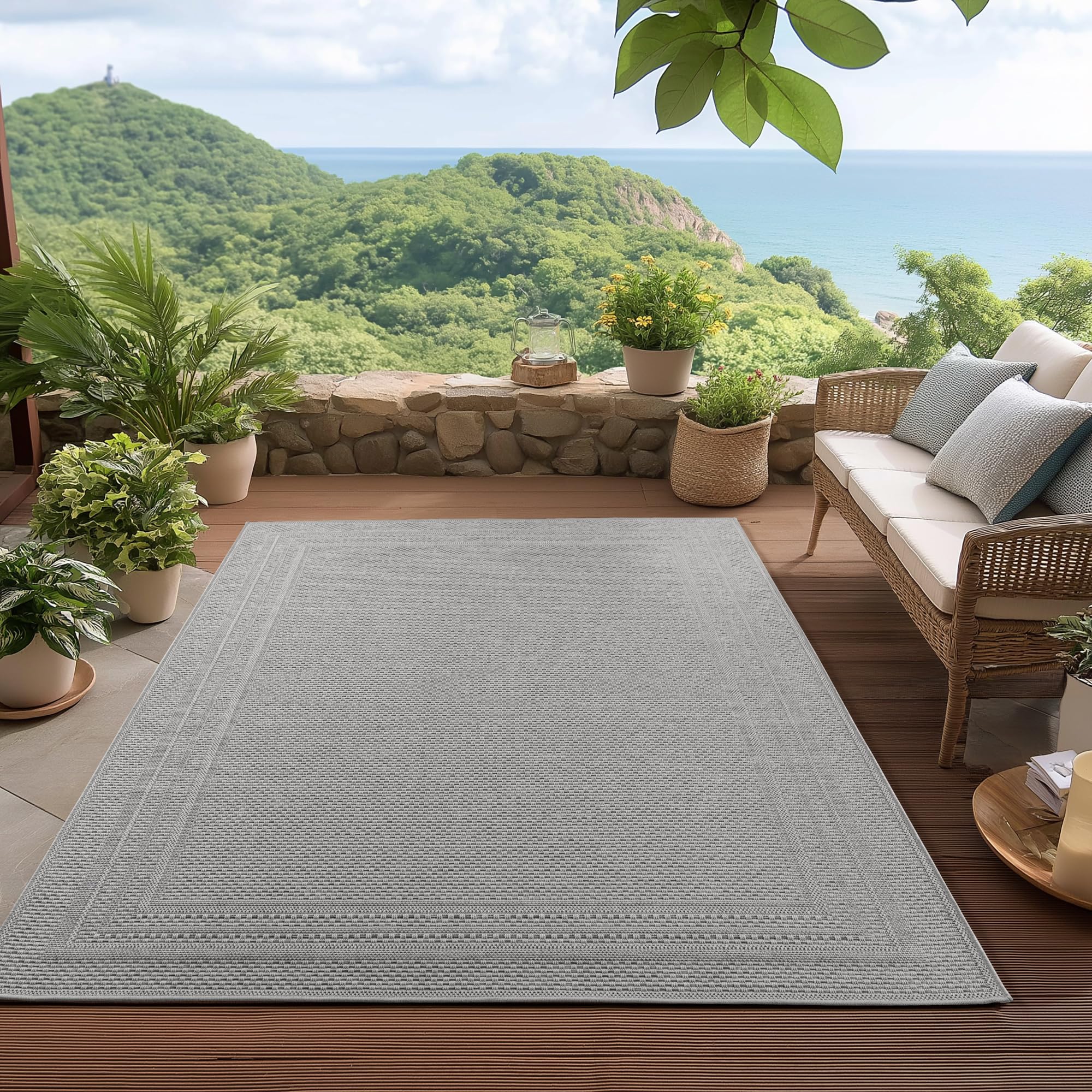HomebyHome Outdoor Teppich Beige Wetterfest UV-beständig Pflegeleicht Skandinavisches Boho Design für Küche Balkon Terrasse Garten Wohnzimmer Esszimmer