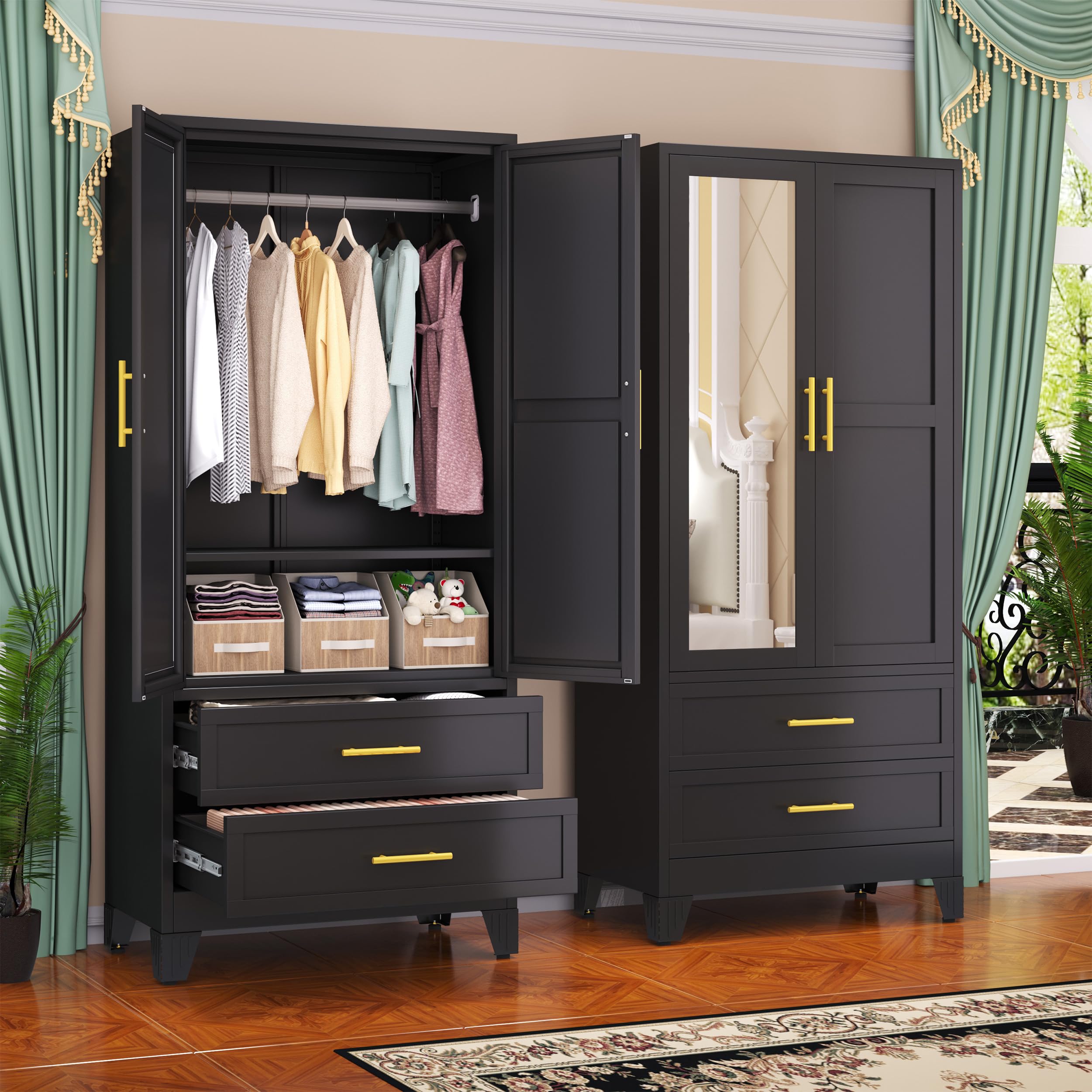 GAIOUS Steel Armoire Wardrobe Closet with Mirror and 2 Drawers 71" Black