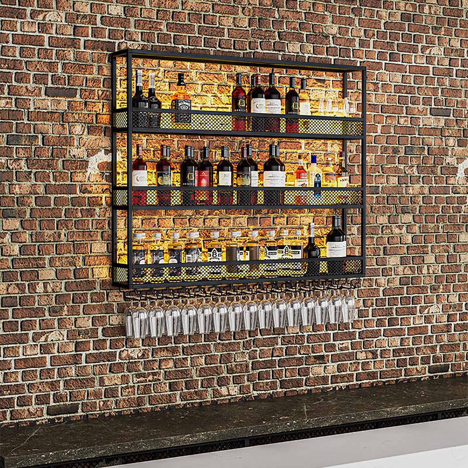 Moderno estante de vino de metal montado en la pared con luz LED, estantes flotantes para botellas de licor y vasos, elegante solución de almacenamiento de cocina