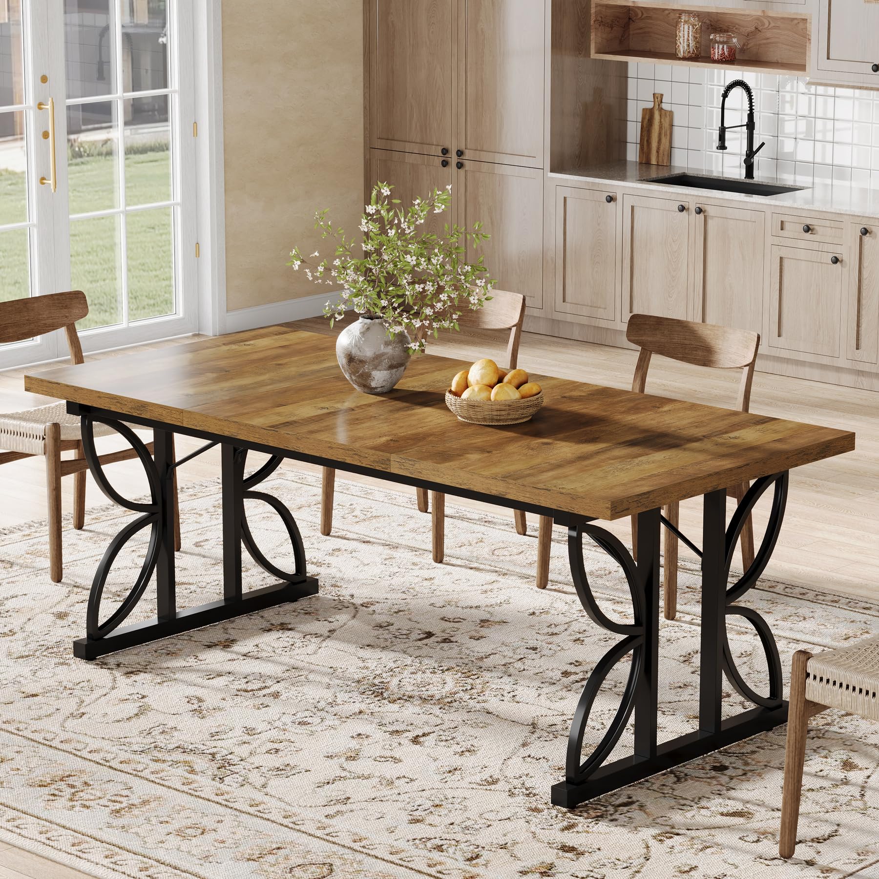 Tribesigns Rectangular Dining Table, Industrial Kitchen Table for 6-8 People, 180 x 80 cm Dining Room Tables with Metal Base, Dinner Table for Kitchen, Living Room, Brown