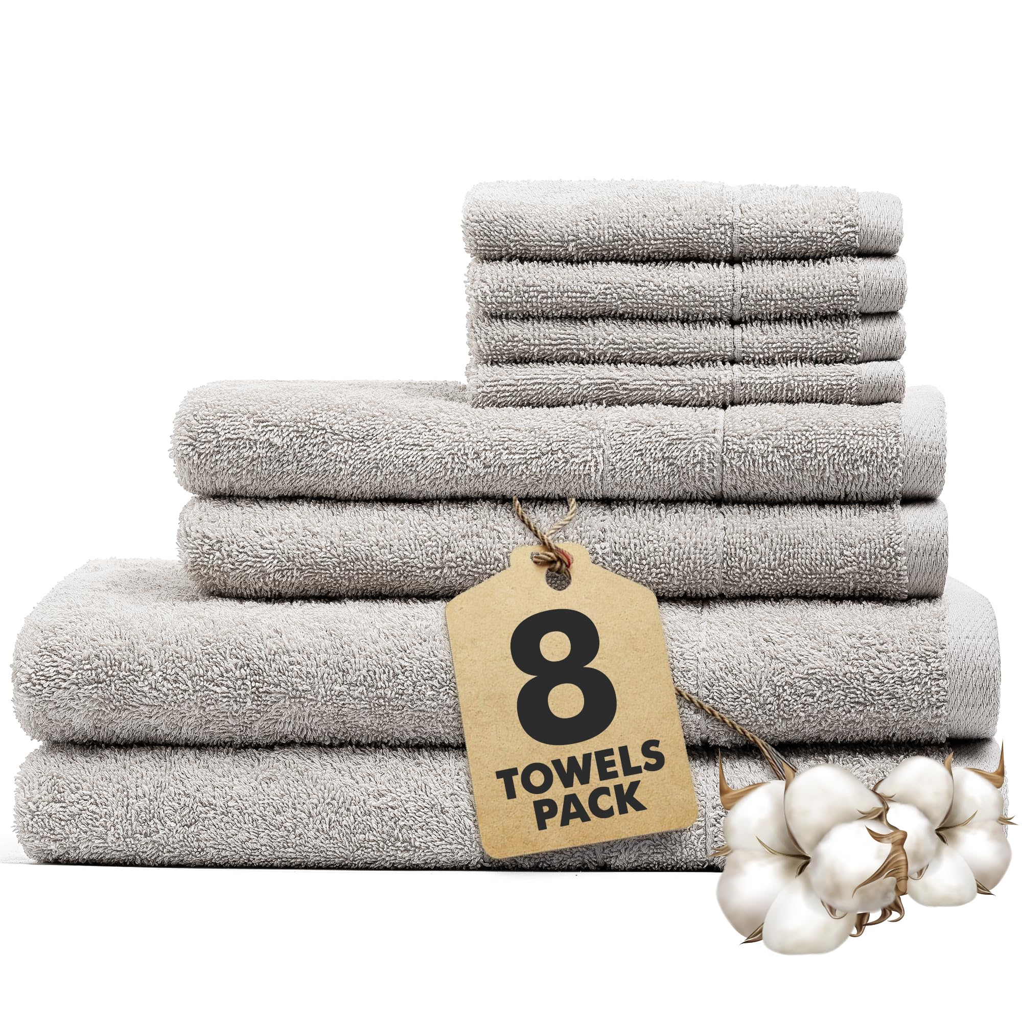 Bath Towels Set of 8 – 100% Cotton Light GreyTowel Set Bale Includes 2 Bath, 2 Hand, 4 Face Towels – Soft, Absorbent & Quick Dry Towel for Bathroom, Spa, Kitchen, Hotel Use