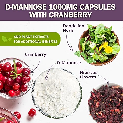Miniatura 4 de Cápsulas de D-manosa de 1000 mg con jugo de arándano en polvo, hibisco y extractos de diente de león, suministro para 30 días para la salud del
