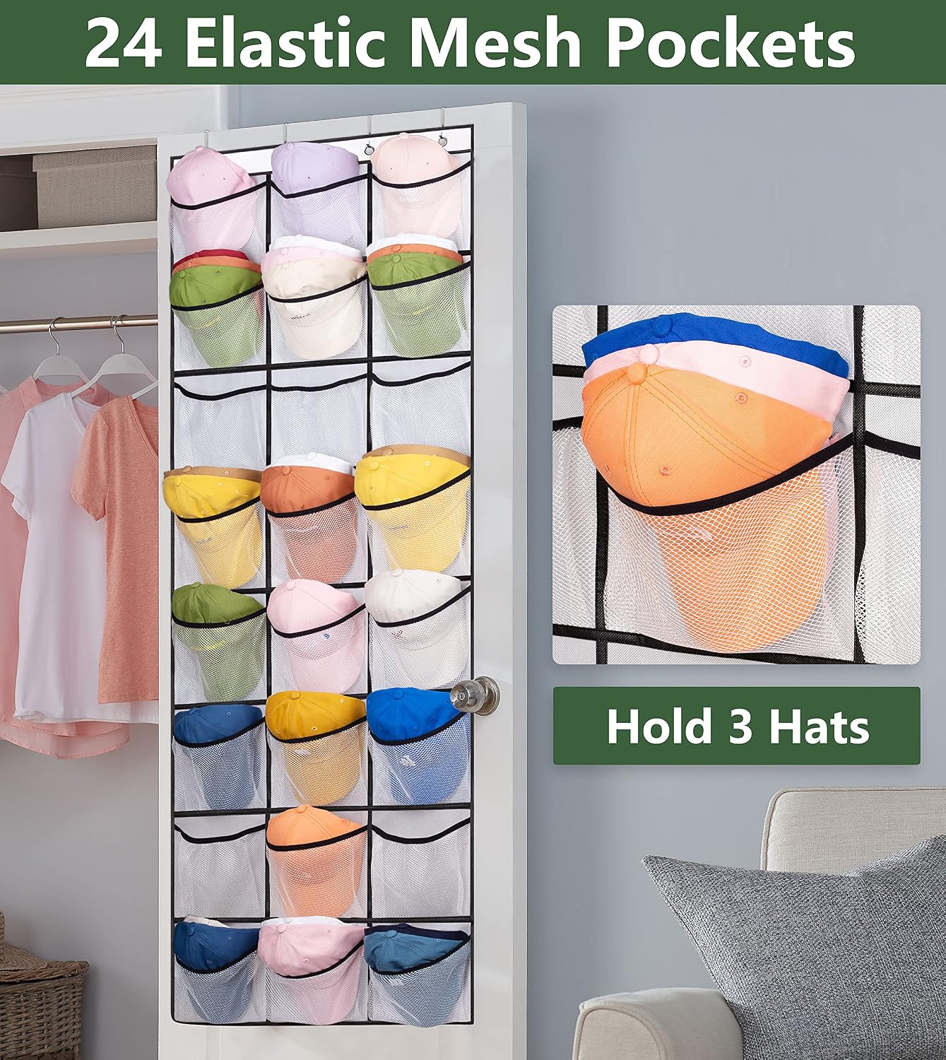 AOODA Hat Racks for Baseball Caps Organizer, Over the Door Hat Storage With 24 Clear Deep Elastic Mesh Pockets Cap Holder Hanger for Closet, White