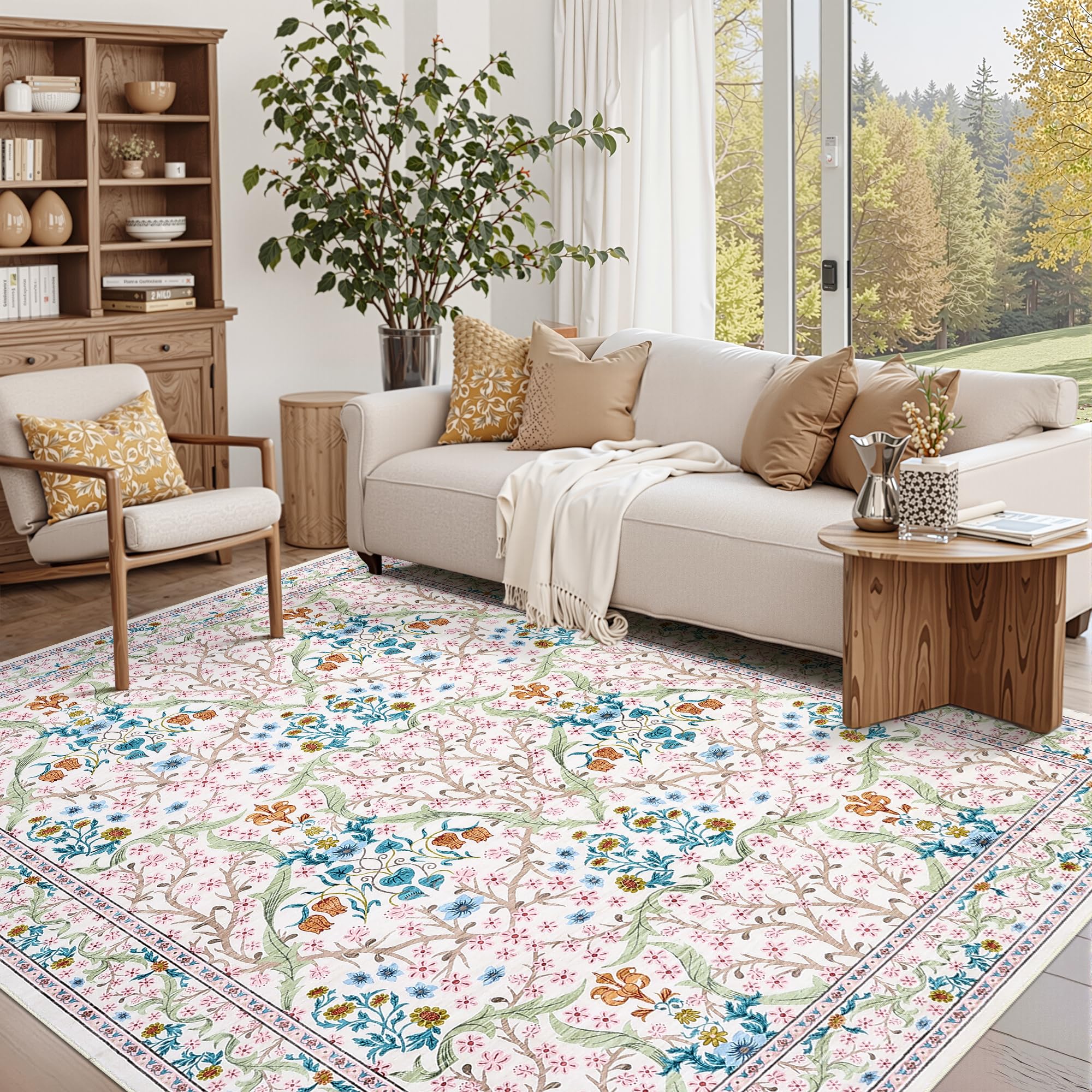 FairyStyle 120x170cm Large Floral Area Rug Washable for Living Room Pink