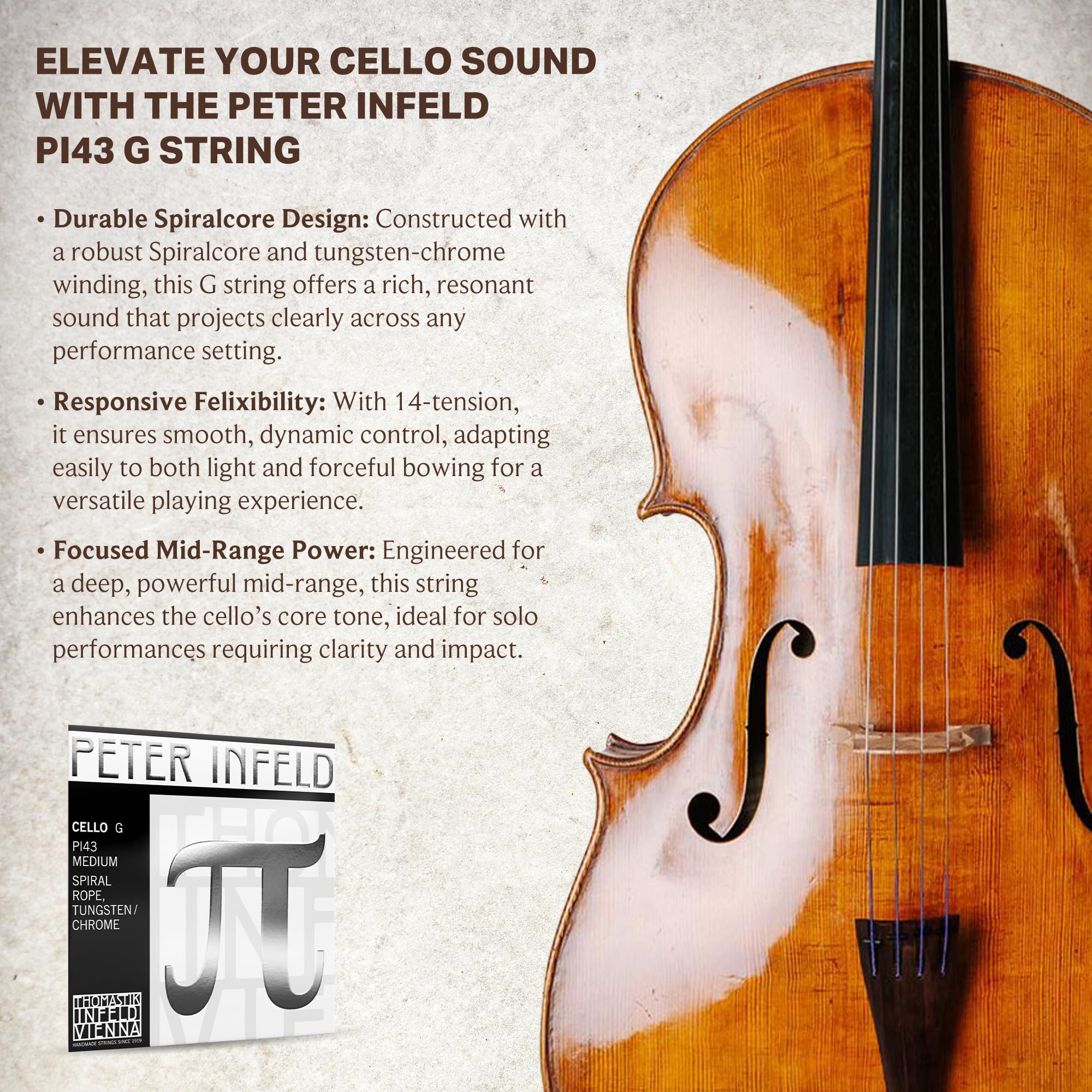 Thomastik Peter Infeld PI43 G String for Cello 4/4 Medium Spiral Core Tungsten Chrome Wound - Image 4