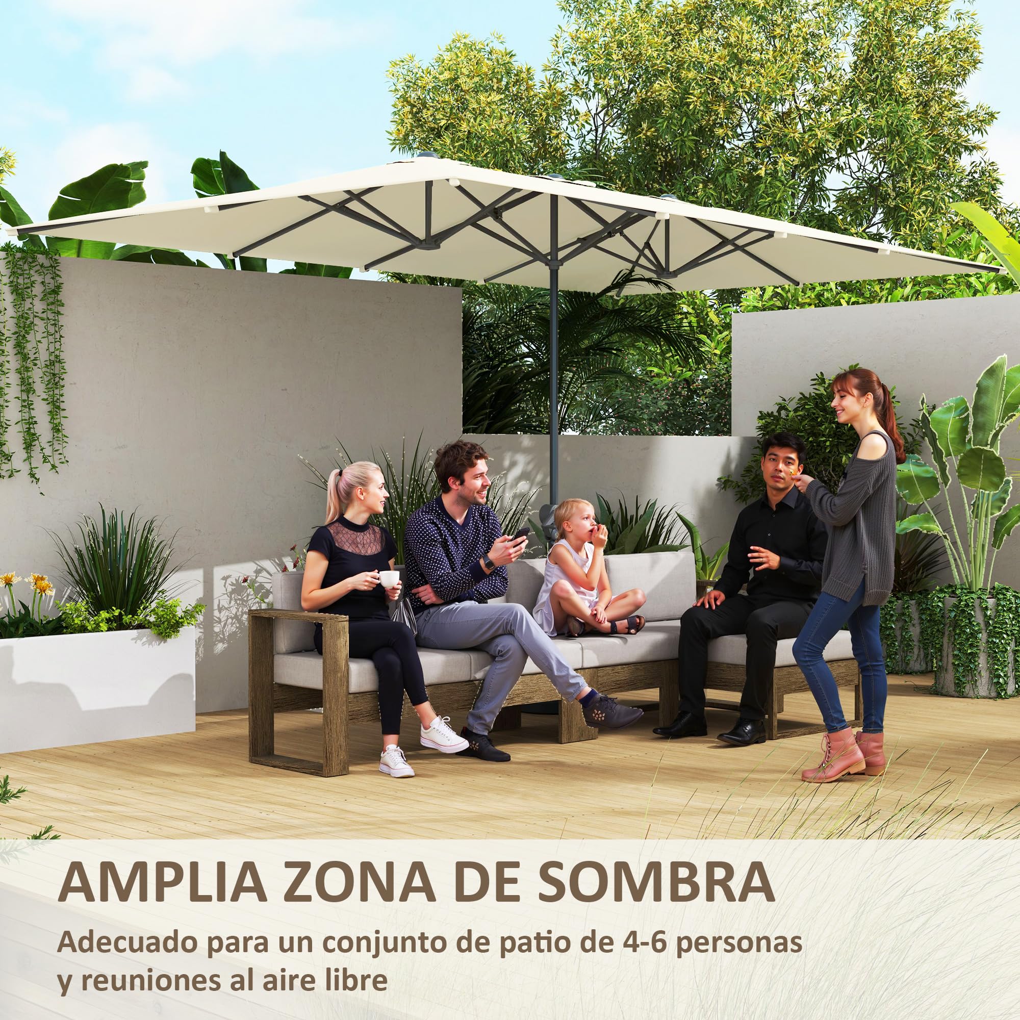 Outsunny Sombrilla Doble 4,5x2,6 m con Poste de Aluminio y Manivela Crema | Impermeable, Protección UV50+, Sombrilla Jardín Exterior, Parasol Grande para Playa Piscina Terraza