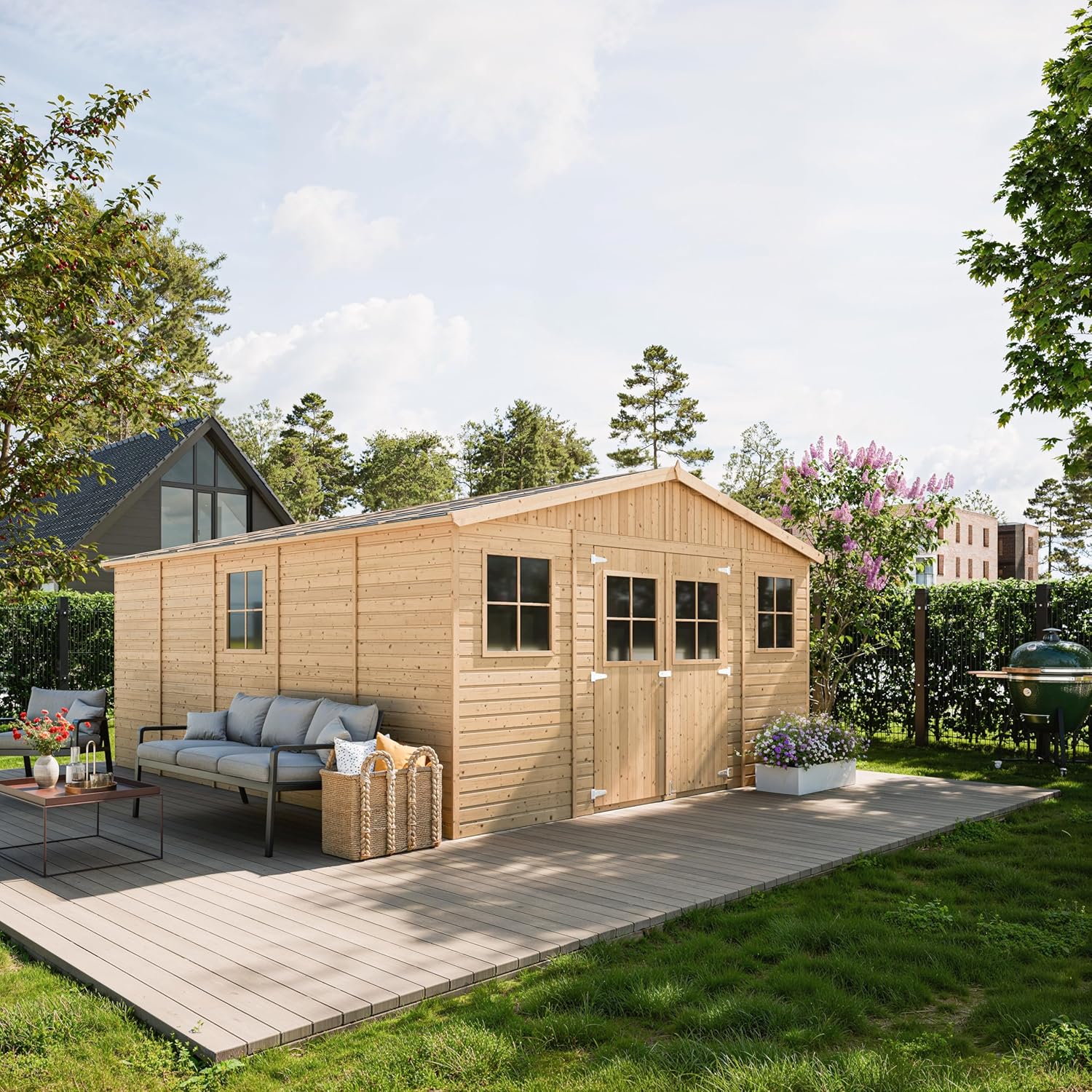 TIMBELA Cobertor de madeira para jardim, A246 x 418 x 522 cm, cobertura de madeira natural, oficina de jardim, bicicleta, armazenamento de ferramentas M333