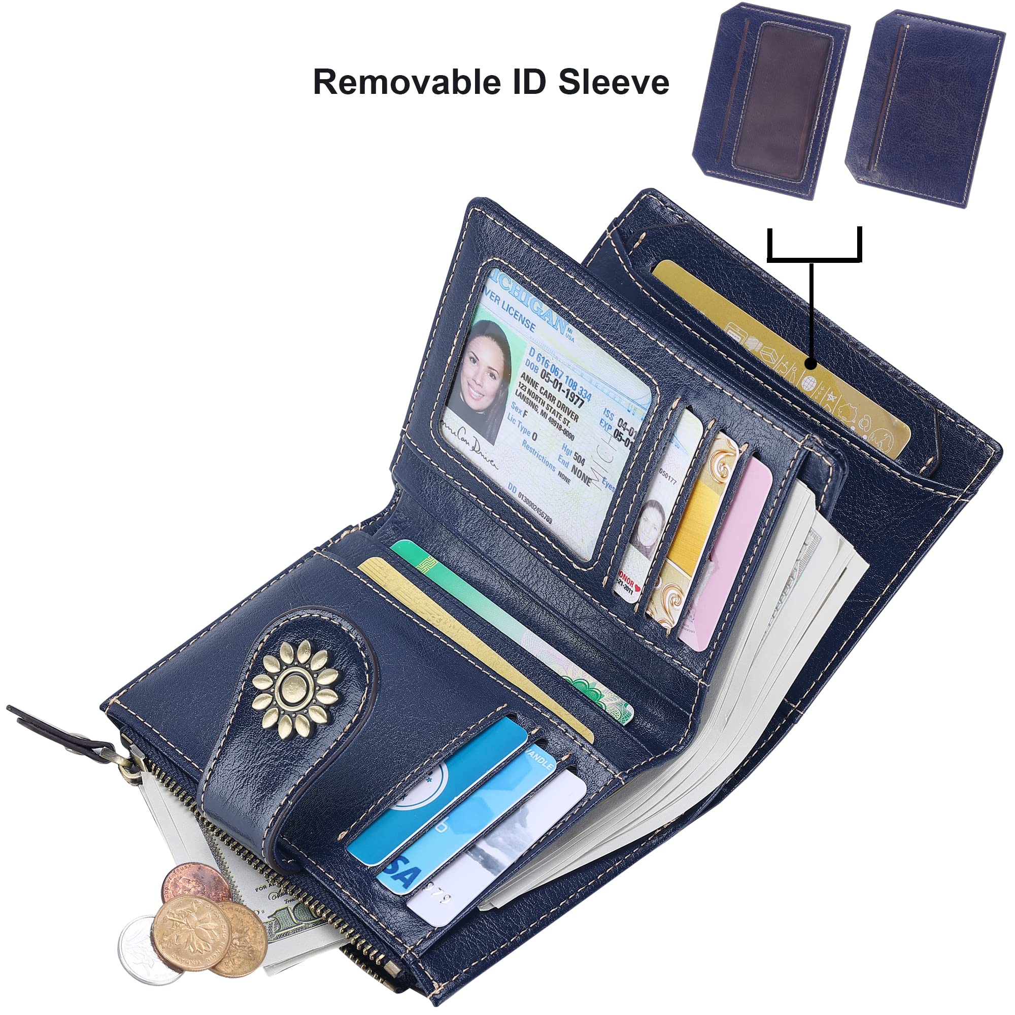 Lavemi Cartera de piel para mujer, pequeña, compacta, con bloqueo RFID, bolsillo con cremallera, Azul, Talla única