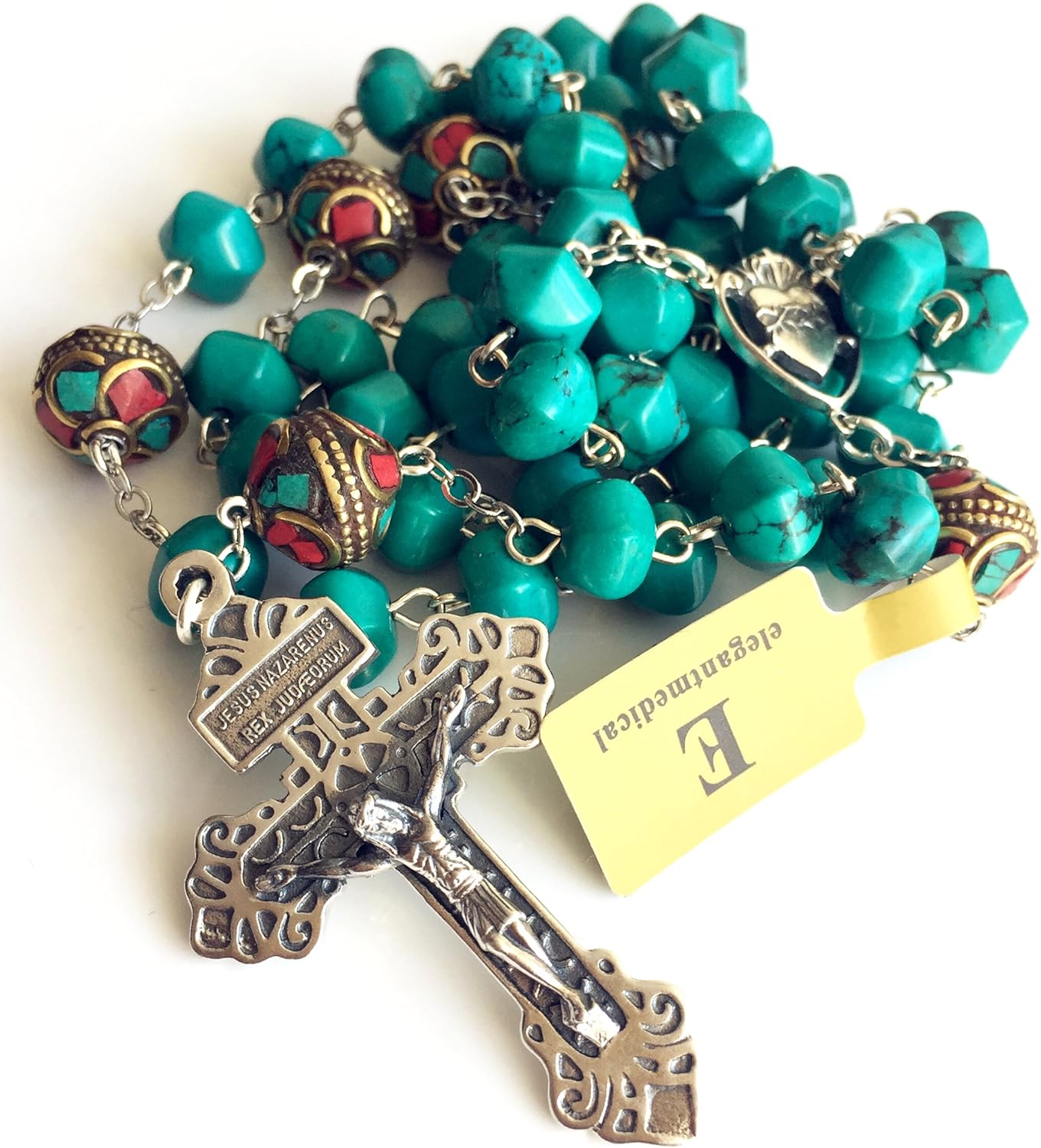 elegantmedical Turquoise TIBET COPPER BEADS STERLING 925 SILVER ROSARY NECKLACE Catholic - Image 7