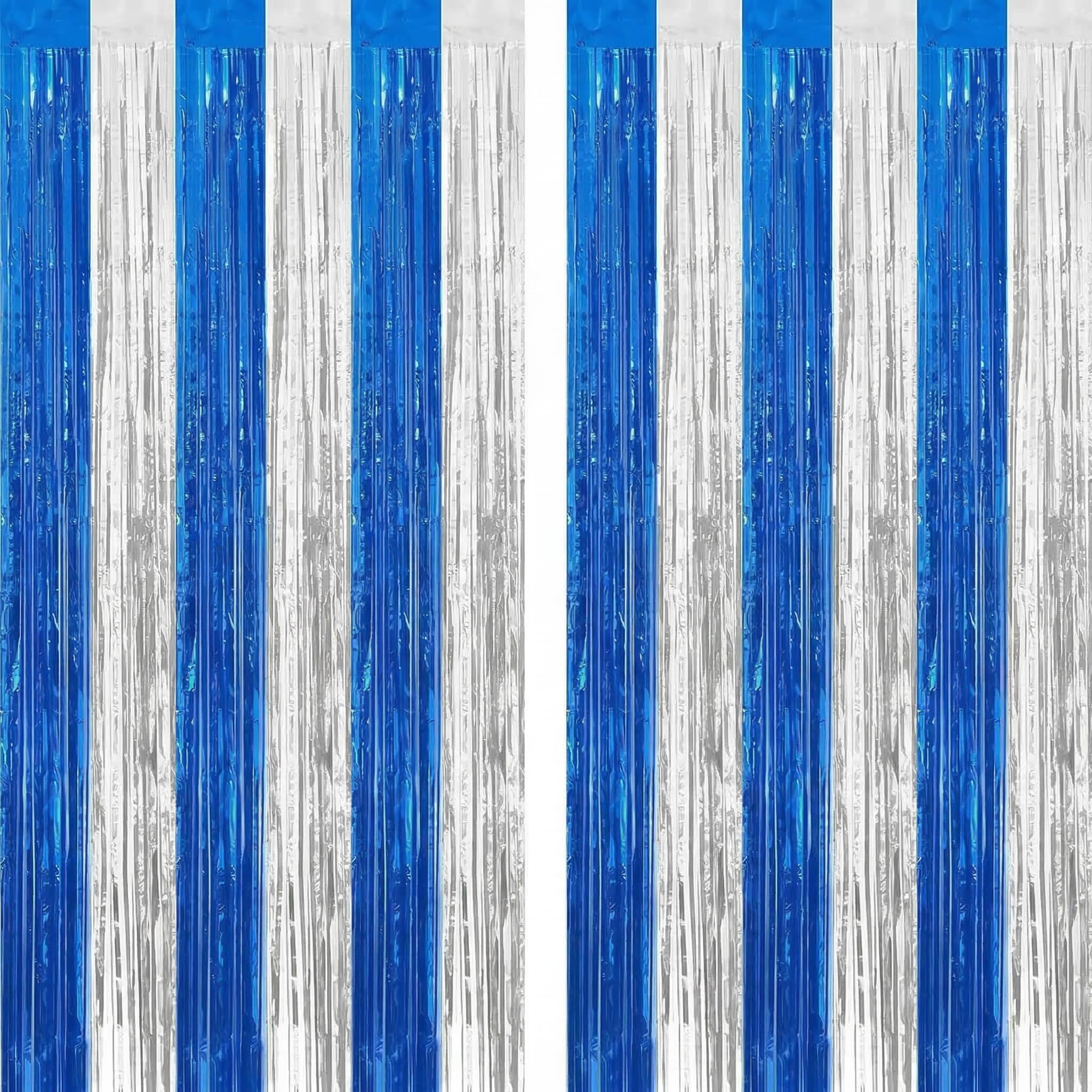 2Pack Silver Blue Foil Fringe Curtain, Metallic Tinsel Streamer Decorations
