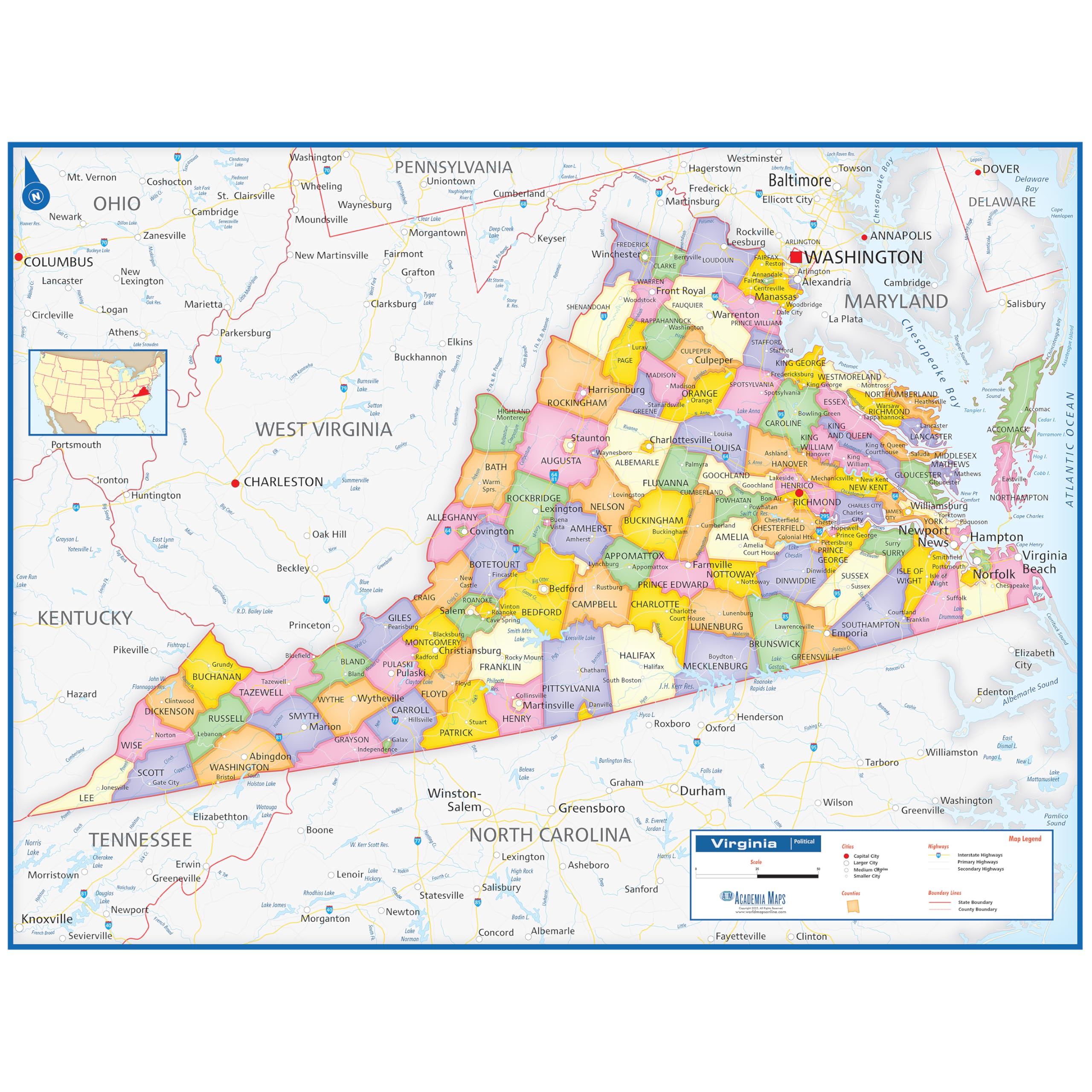 54 x 41 Large Virginia State Wall Map Poster with Counties - Classroom Style Map with Durable Lamination - Safe for Use with Wet/Dry Erase Marker - Very popular for educators and homeschool!