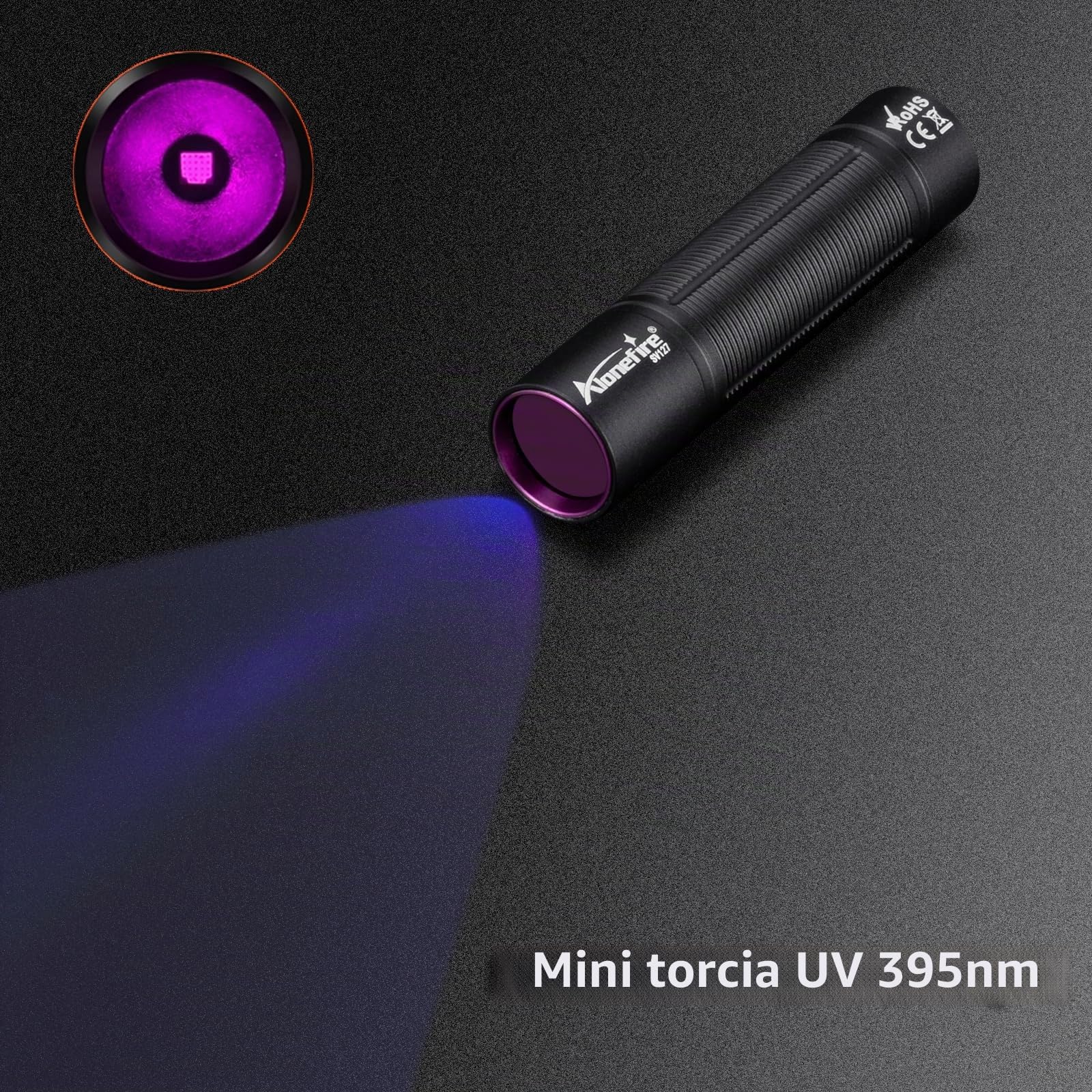 Alonefire SV127 Torcia UV LED Piccolo Professionale 395nm USB C Ricaricabile Mini Lampada Ultravioletti per Resina, Pesca, Fluoresceina, Rilevatore di Urina,Minerali con Batteria Incorporata