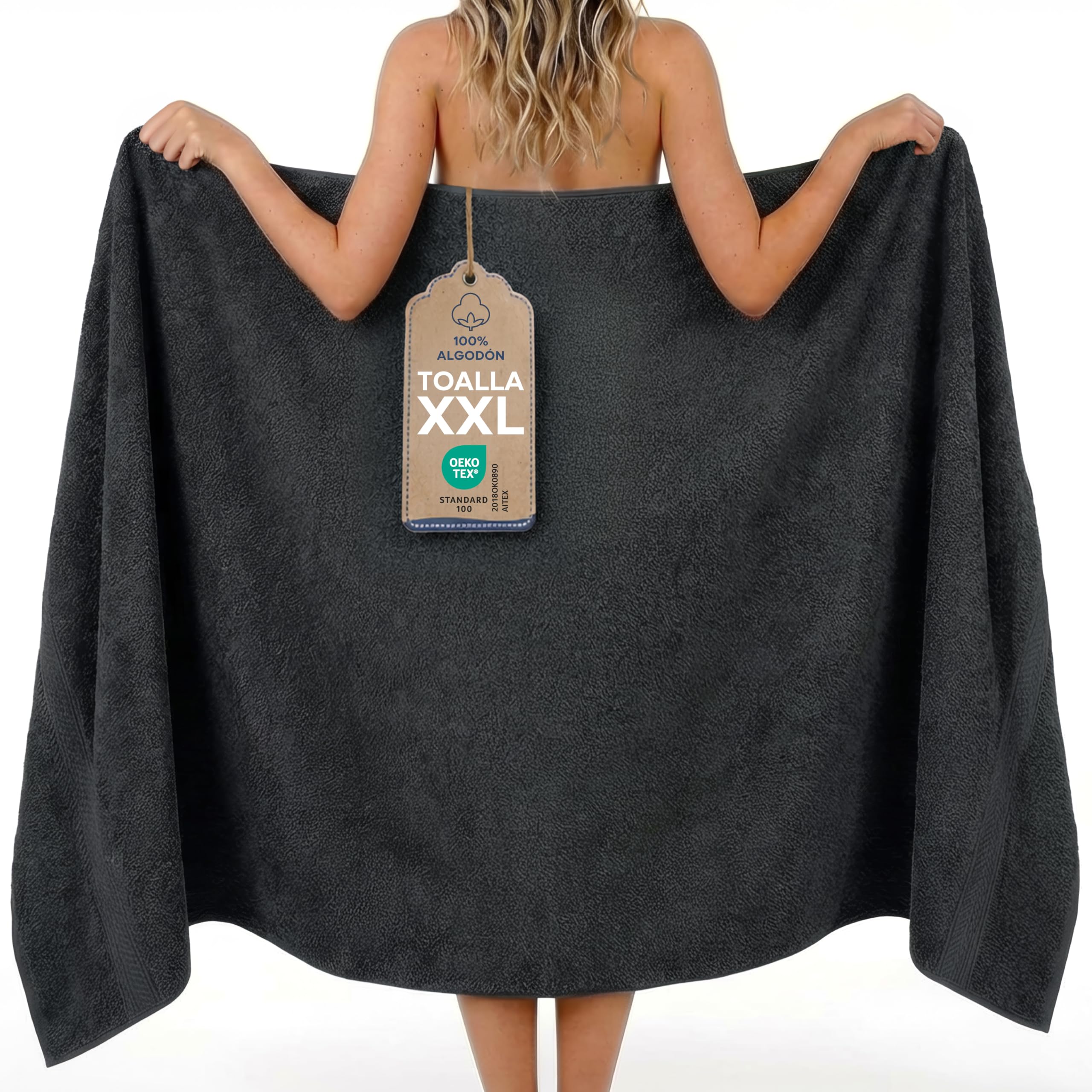 Twinzen Toalla de Baño Grande 100x200 cm – Toalla XXL de Algodón 100%, Absorbente y Suave, con Cinta para Colgar, Certificada Oeko-Tex, Antracita