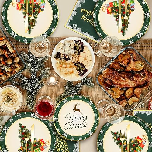 Miniatura 6 de Platos y servilletas de papel de Navidad para 50 invitados, platos desechables de 9 pulgadas, platos de postre de 7 pulgadas con copos de nieve