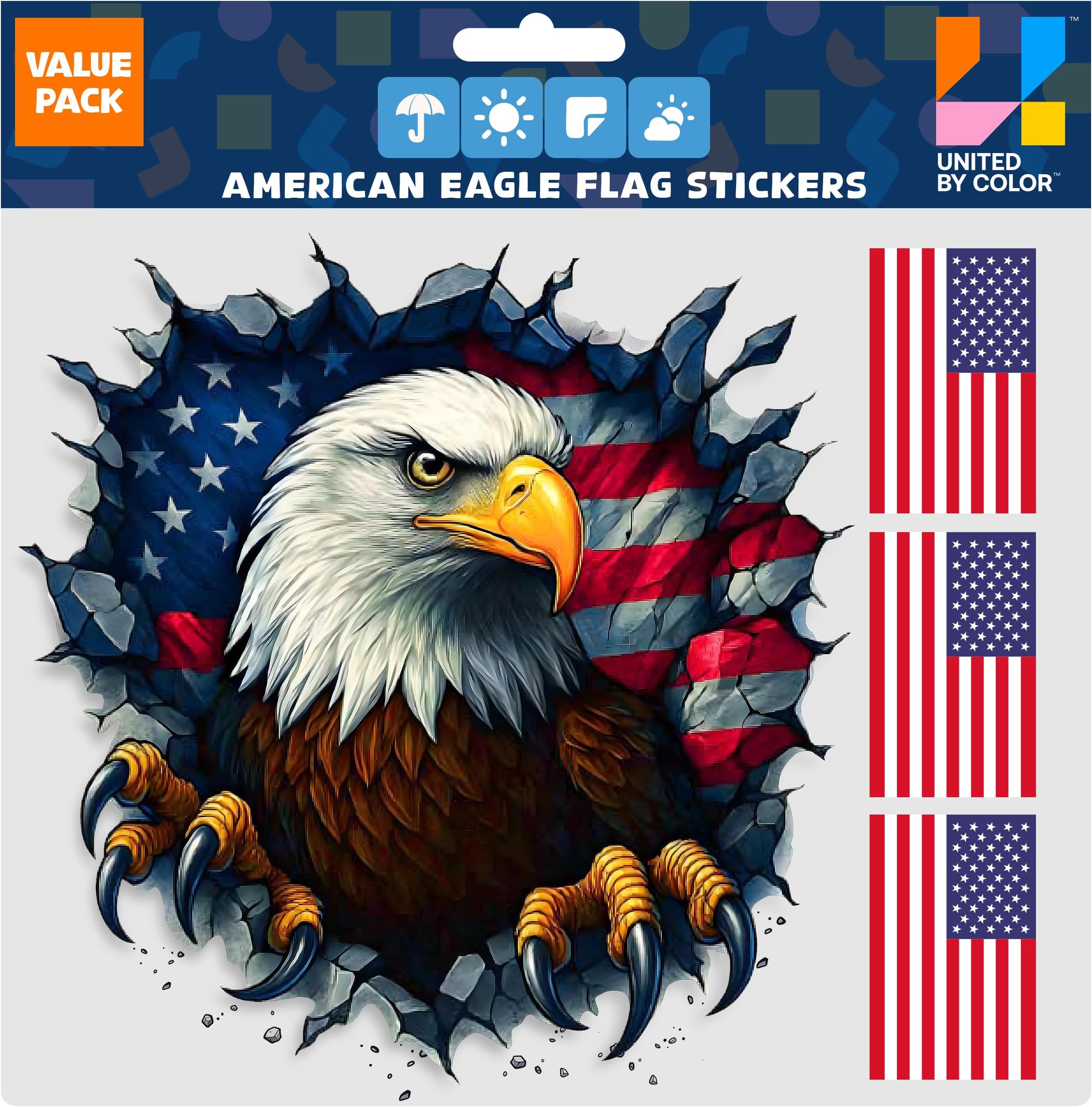 American Flag Decals (Pack) - Waterproof Bald Eagle Sticker - No Fade, Patriotic Decals for Vehicles, Truck Car, Laptop, Bike, RV, Trailer, Golf Carts, Water Bottles, Rear Window (Style 2)