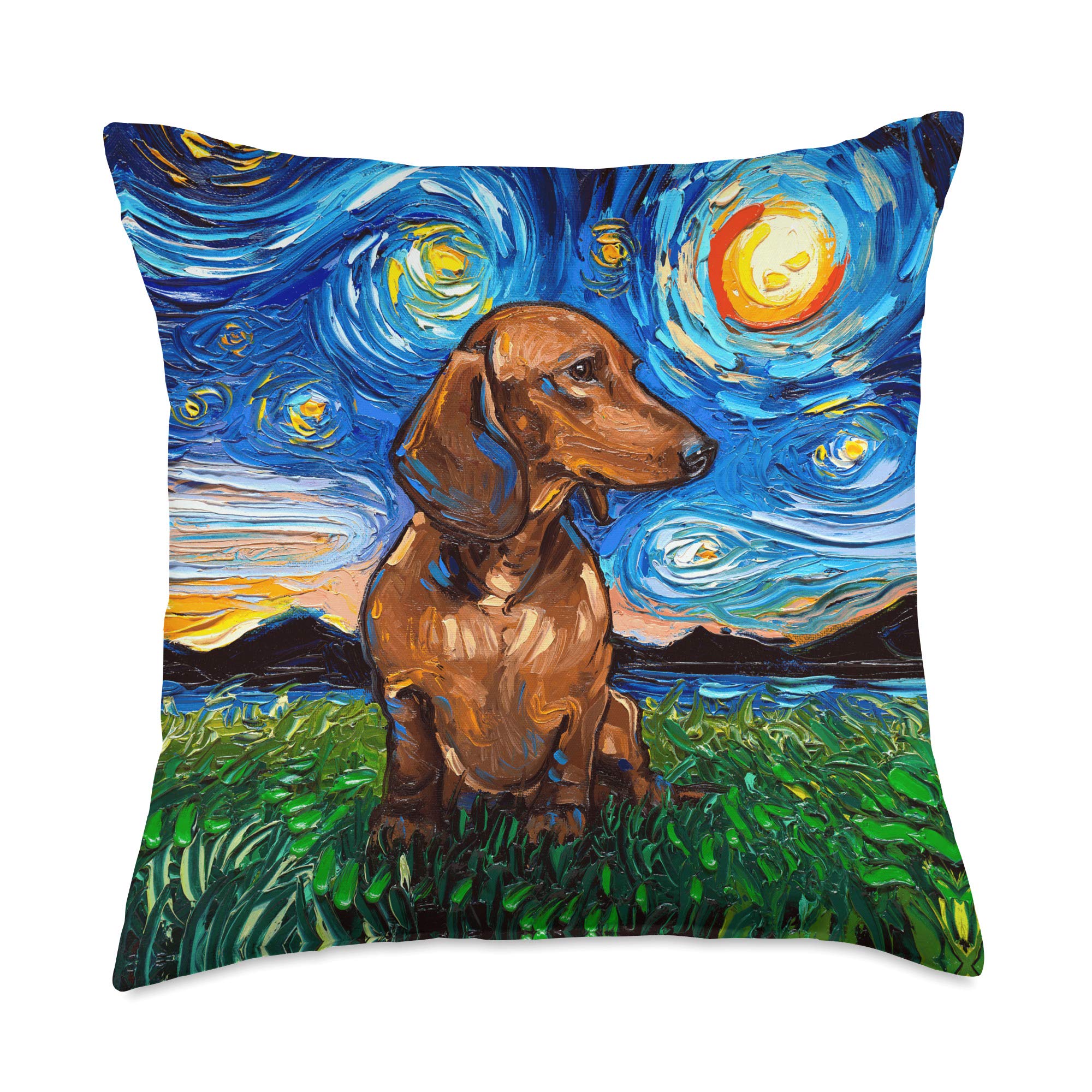 Brown Short Hair Dachshund Doxie Starry Night Dog Art by Aja Throw Pillow