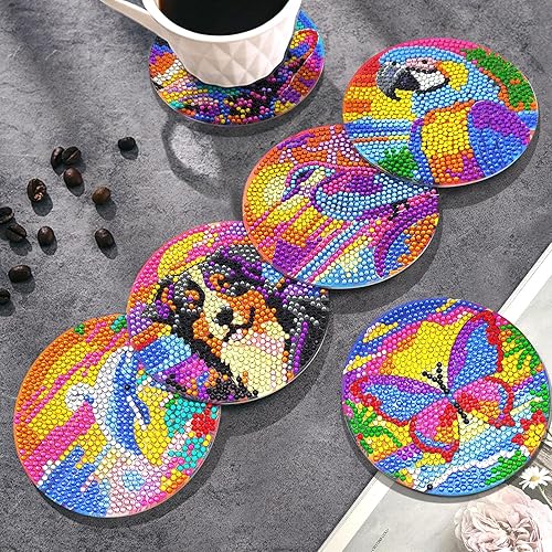 Miniatura 5 de Posavasos de arte de diamante, kit de posavasos de arte de diamantes de mariposa, 8 posavasos de pintura de diamante, con soporte, kit de posavasos