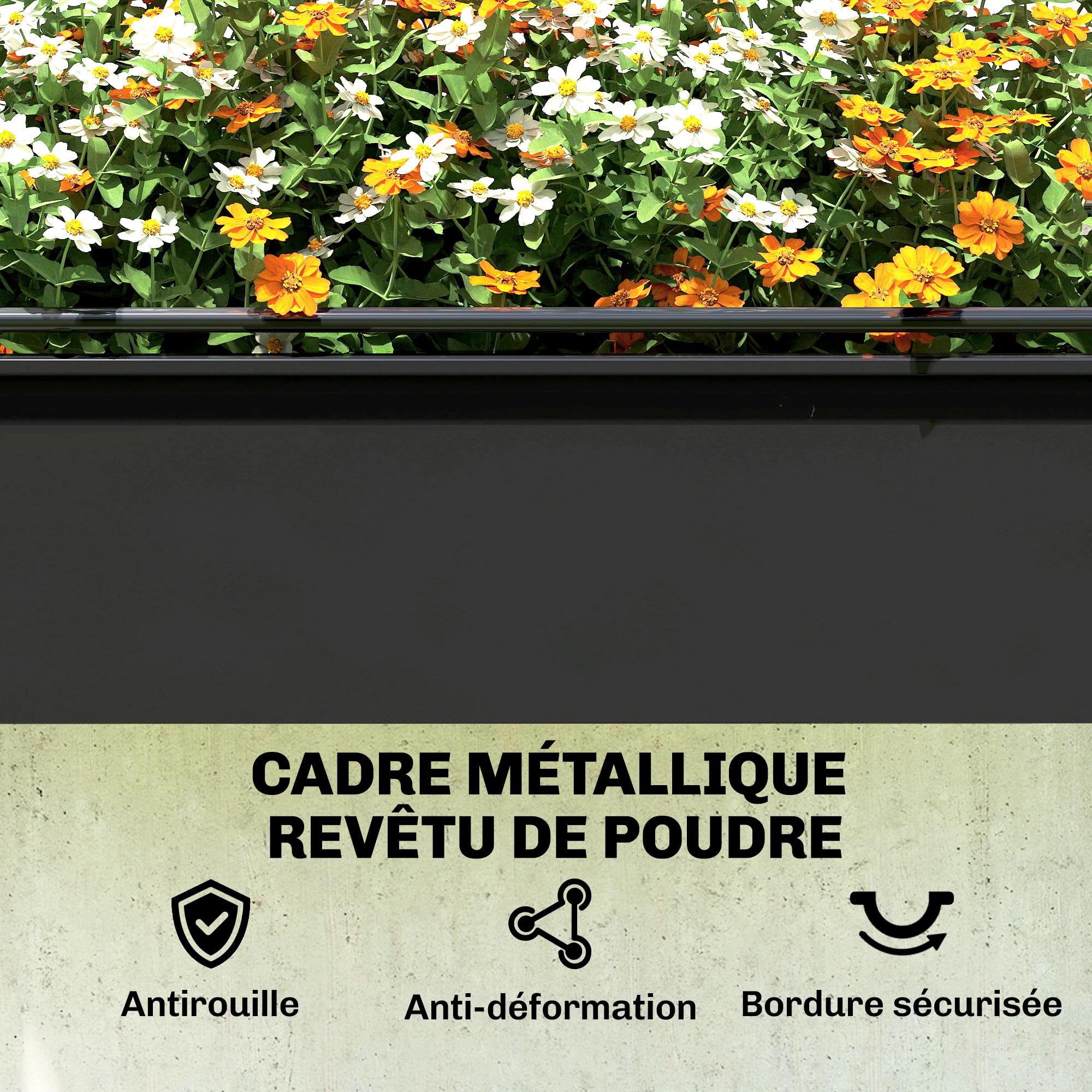 Outsunny Potager sur Pieds avec Serre Rabattable 100 x 49 x 136 cm Noir | Jardinière Haute sur Pied en Métal 97L, Trou de Drainage, pour Plantes Fleurs et Légumes