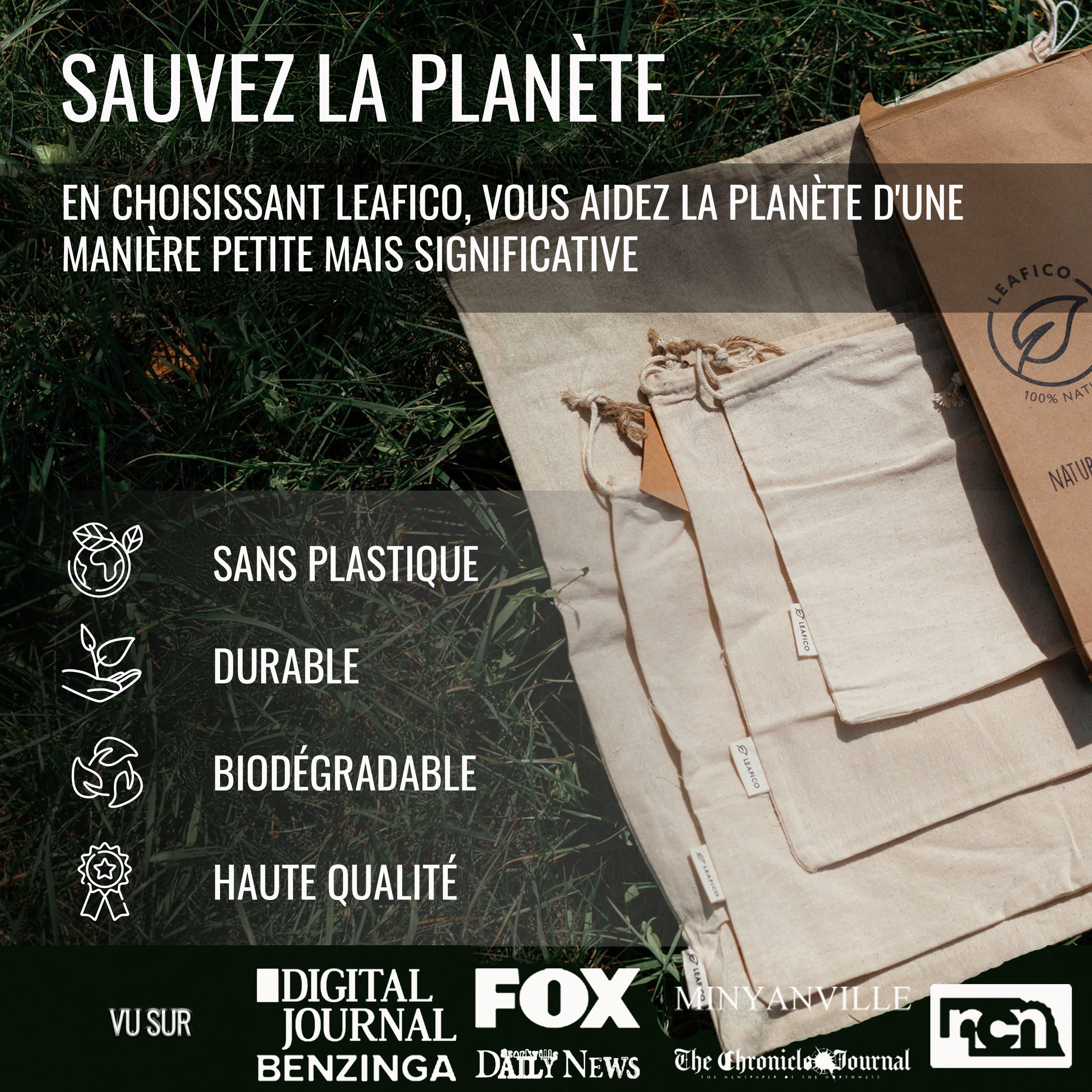LEAFICO Sacs Réutilisables en Coton Taille Moyen 20x25 cm Lot de 12 avec Cordon