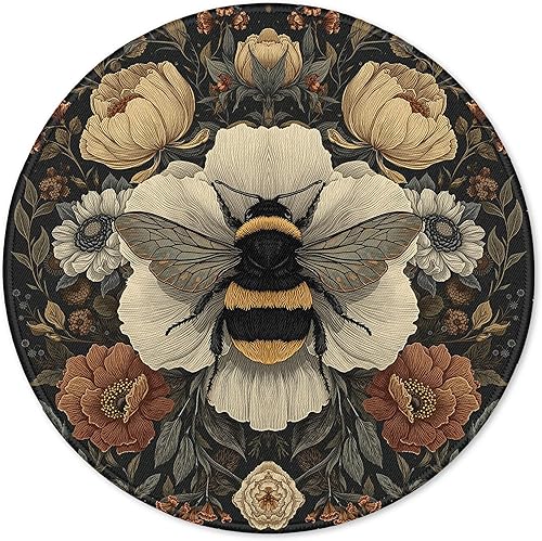 Alfombrilla de mouse redonda de abeja floral vintage bohemia para escritorio de 7.9 x 7.9, decoración de abejorro de flores oscuras, alfombrilla de