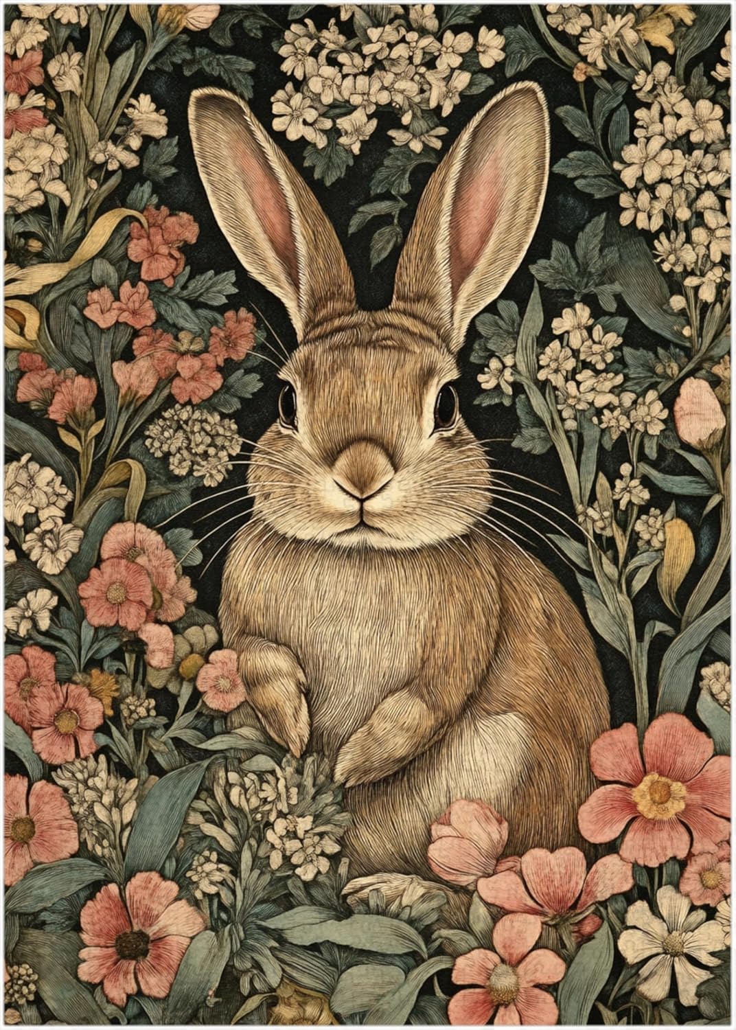 Vintage Floral Rabbit Jigsaw Puzzle 300/500/1000 Piece, William Morris Style Flower Pattern Puzzles (1000pc (50×75cm))
