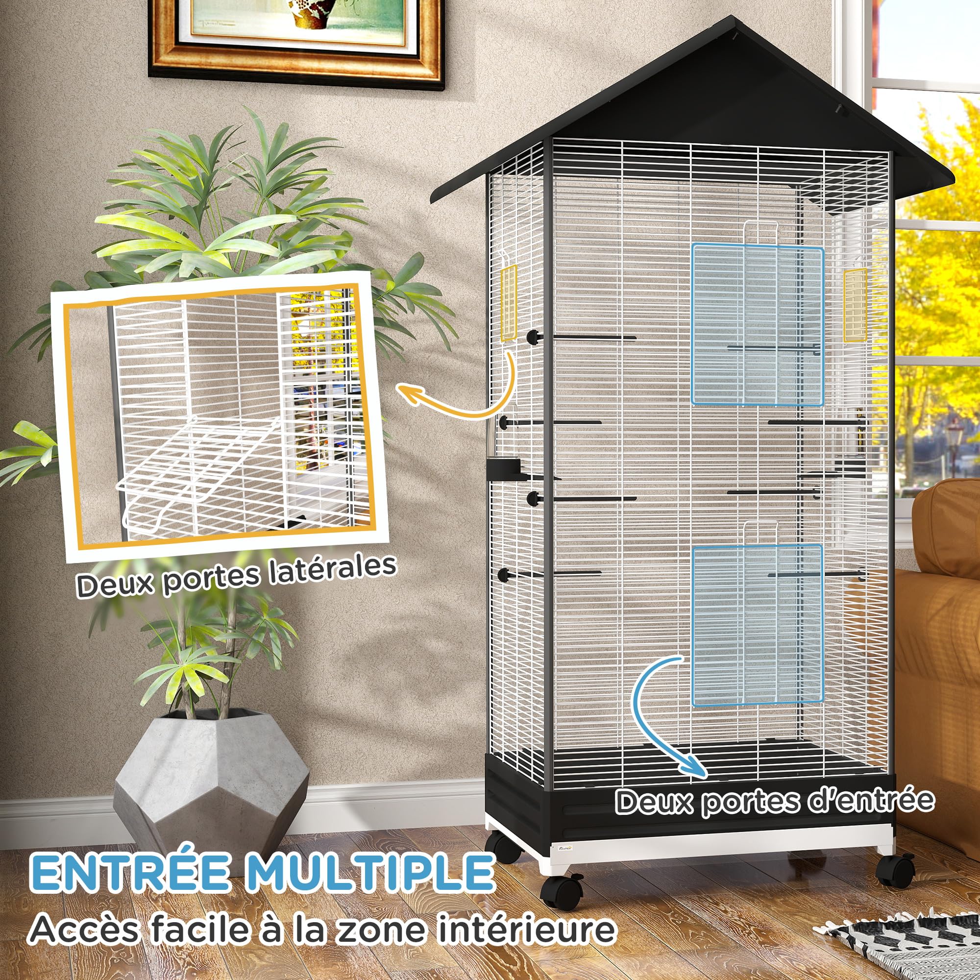 PawHut Cage Oiseau sur Pied Volière Intérieure Roulettes Plateau Coulissant 2 Mangeoires 8 Perchoirs 79 x 65 x 155 cm Fil d'acier Noir