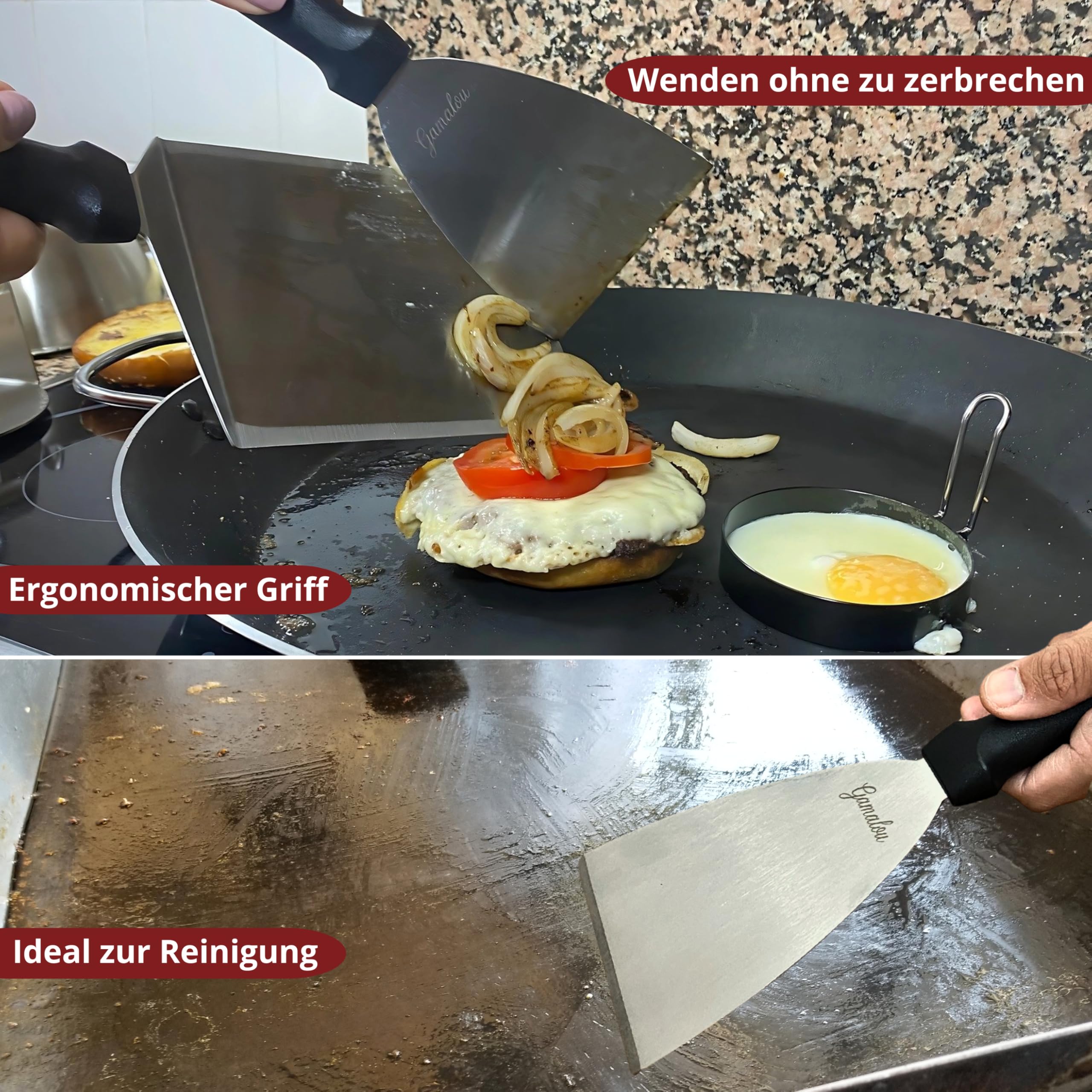 Edelstahl Smash Burgerpresse Set: Burger Smasher mit Grillspachtel 13 cm, Schaber 10 cm, 2 Burgerglocken, Gewürzstreuer & Eierringe für Grill, Grillplatte und Pfanne - EU-zertifiziert