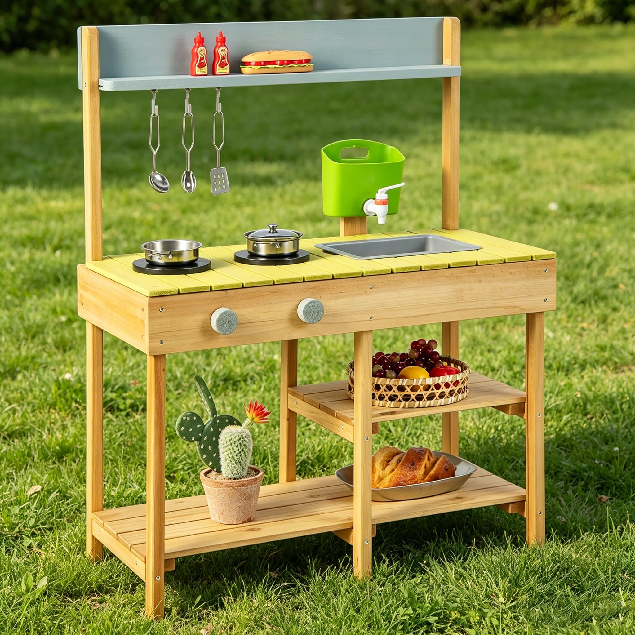 DREAMADE Matschküche Kinder Outdoor, Kinderküche mit Wassertank, Wasserhahn, Herd & abnehmbarem Regal, Spielküche aus Tannenholz, Outdoor Küche inkl. Zubehör für Jungen & Mädchen ab 3 Jahren (Natur)