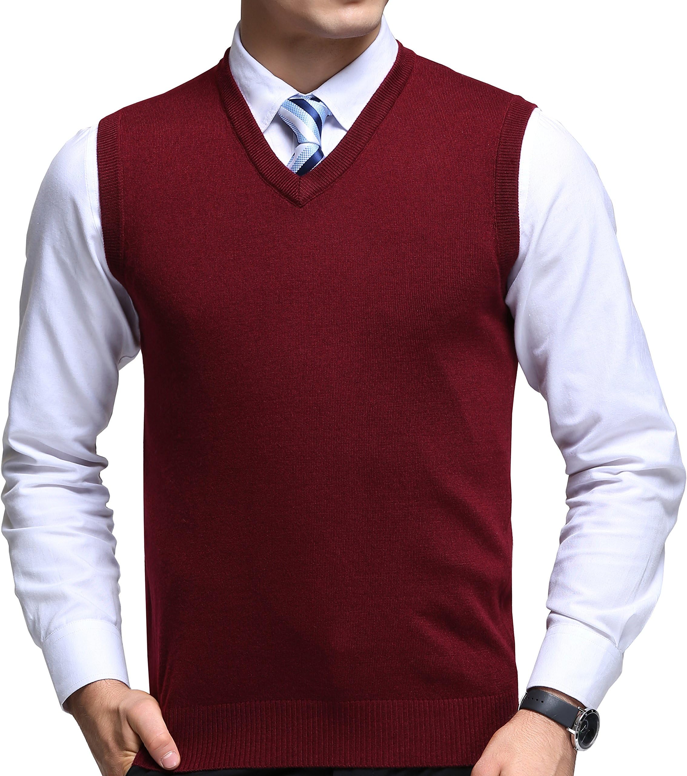 WEILAI Mens Winter Casual Business Soft Wool Solid Sleeveless Sweater Vest (S, Red)