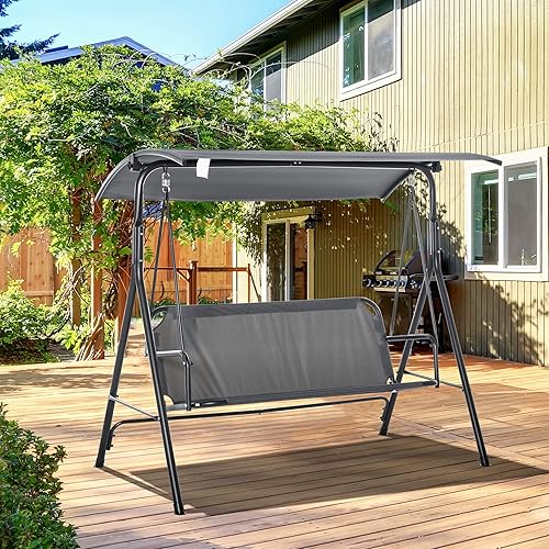 Miniatura 2 de Outsunny Silla columpio de patio al aire libre, asientos para 3 adultos, toldo de sombra ajustable, marco de acero fuerte, cómodo banco basculante,